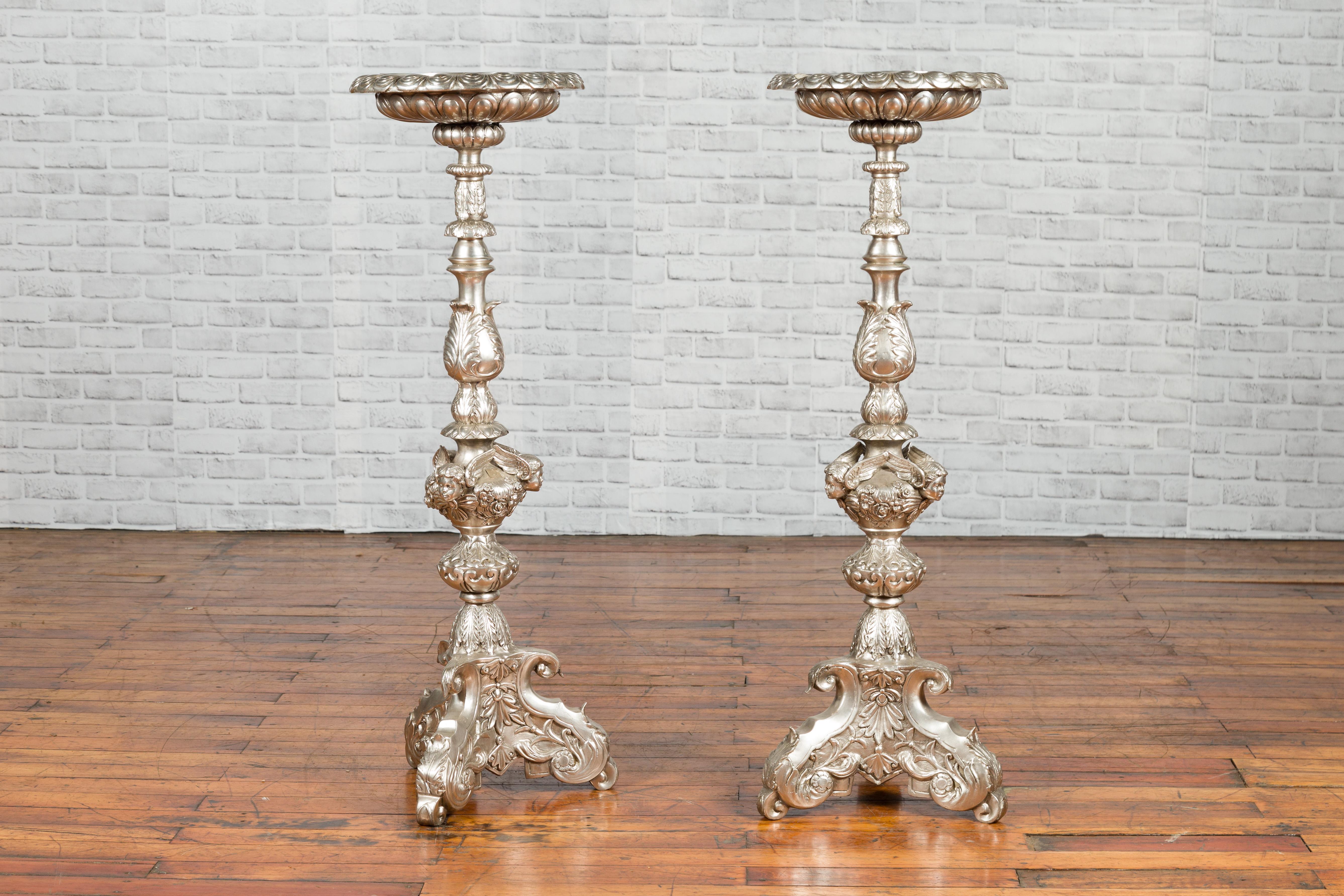 Contemporary Baroque Style Silver Plated Bronze Candlestick with Cherub Figures For Sale 6