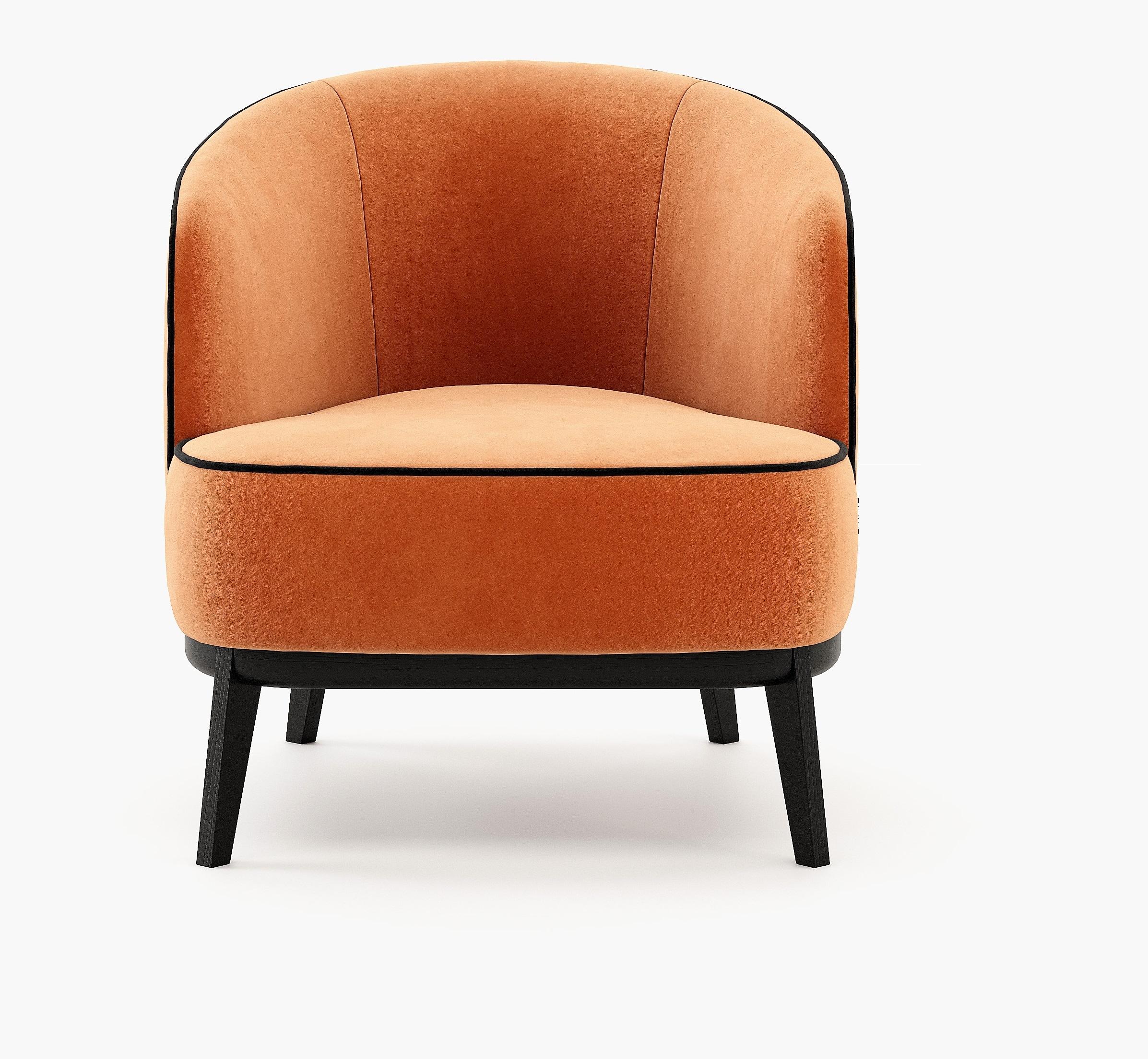 Contemporary Barrel Armchair Upholstered in Orange Velvet 2