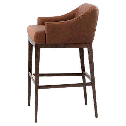 Modern Contemporary Barstool in Brown Leather and Wooden Structure For Sale
