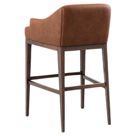 Portuguese Contemporary Barstool in Brown Leather and Wooden Structure For Sale