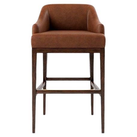 Contemporary Barstool in Brown Leather and Wooden Structure For Sale