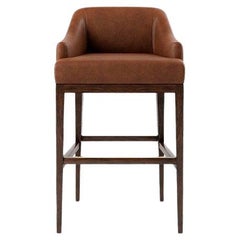 Contemporary Barstool in Brown Leather and Wooden Structure
