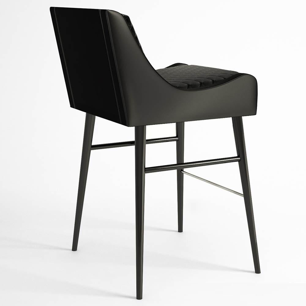 Handcrafted barstool in black satin and black cotton velvet. 
Legs lacquered in black finished with high-gloss varnish. 
Stainless steel footrest.
Contact us to enquire about COM/COL production, requirements and material shipping