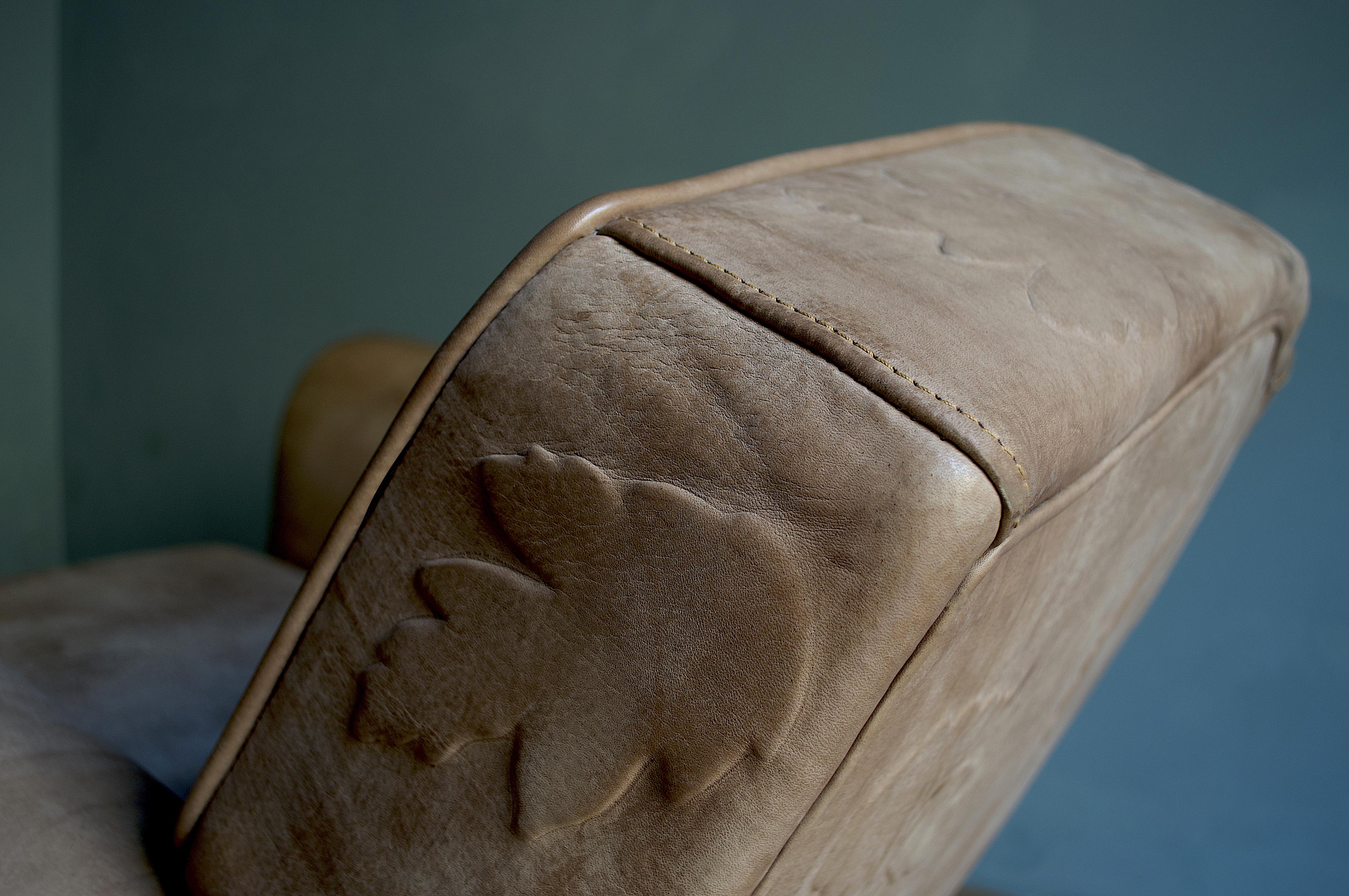 Italian Contemporary Bas-Relief Full Grain-Leather, Club, Armchair For Sale
