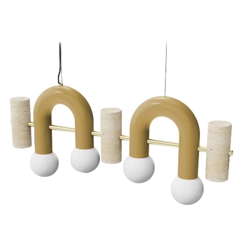 Art Deco Contemporary Bauhaus Pendant Lamp Pyppe Flat in Brass, Taupe and Travertine For Sale