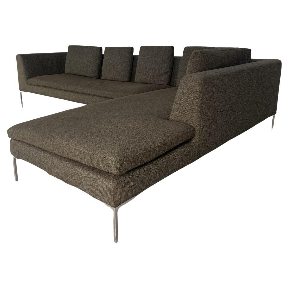 Contemporary B&B Italia Charles L-Shape Sofa - In Dark Grey & Brown Fabric