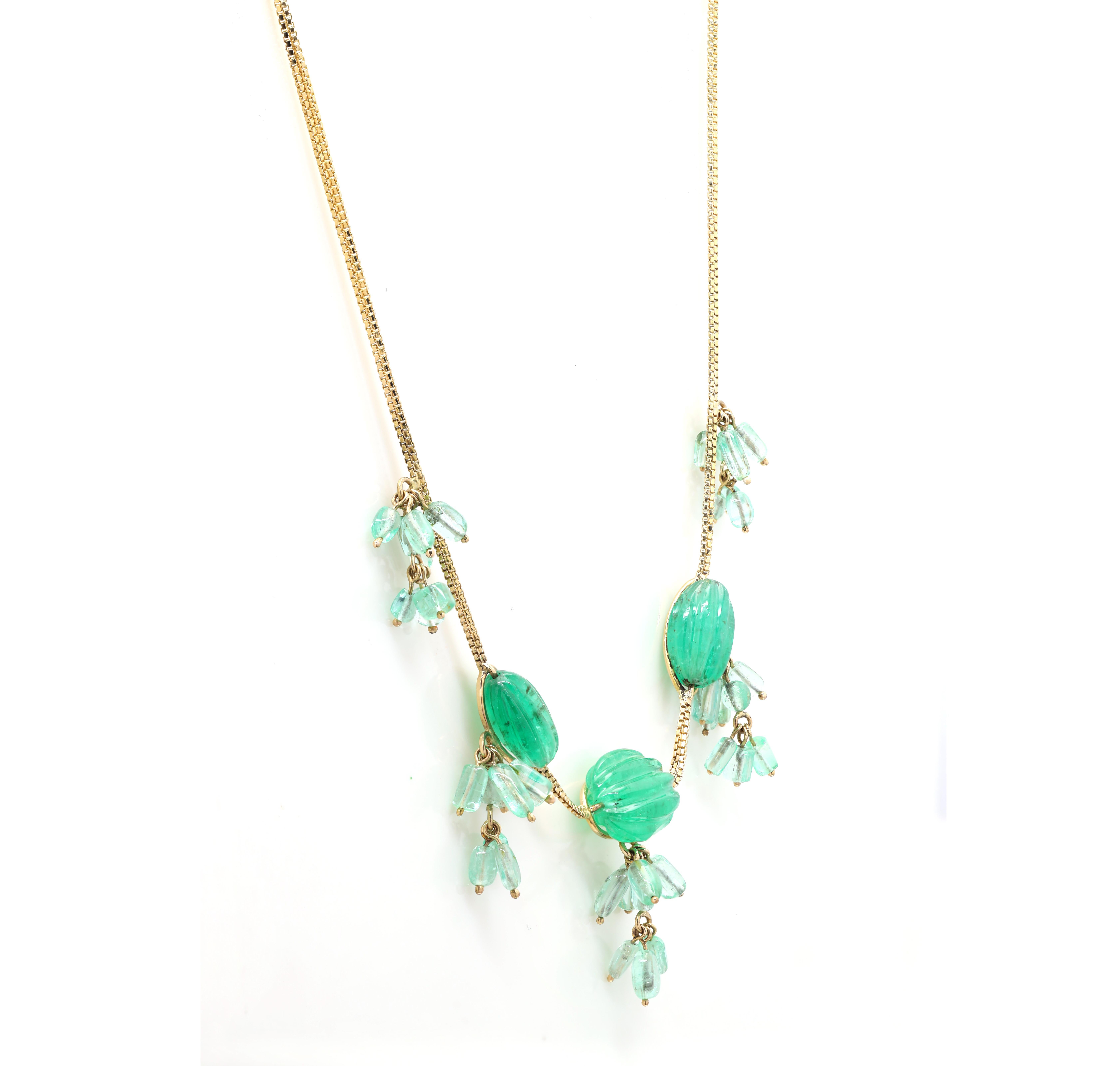 Artist Contemporary Beaded 23.7ct Emerald Chain Necklace in 18k Solid Yellow Gold