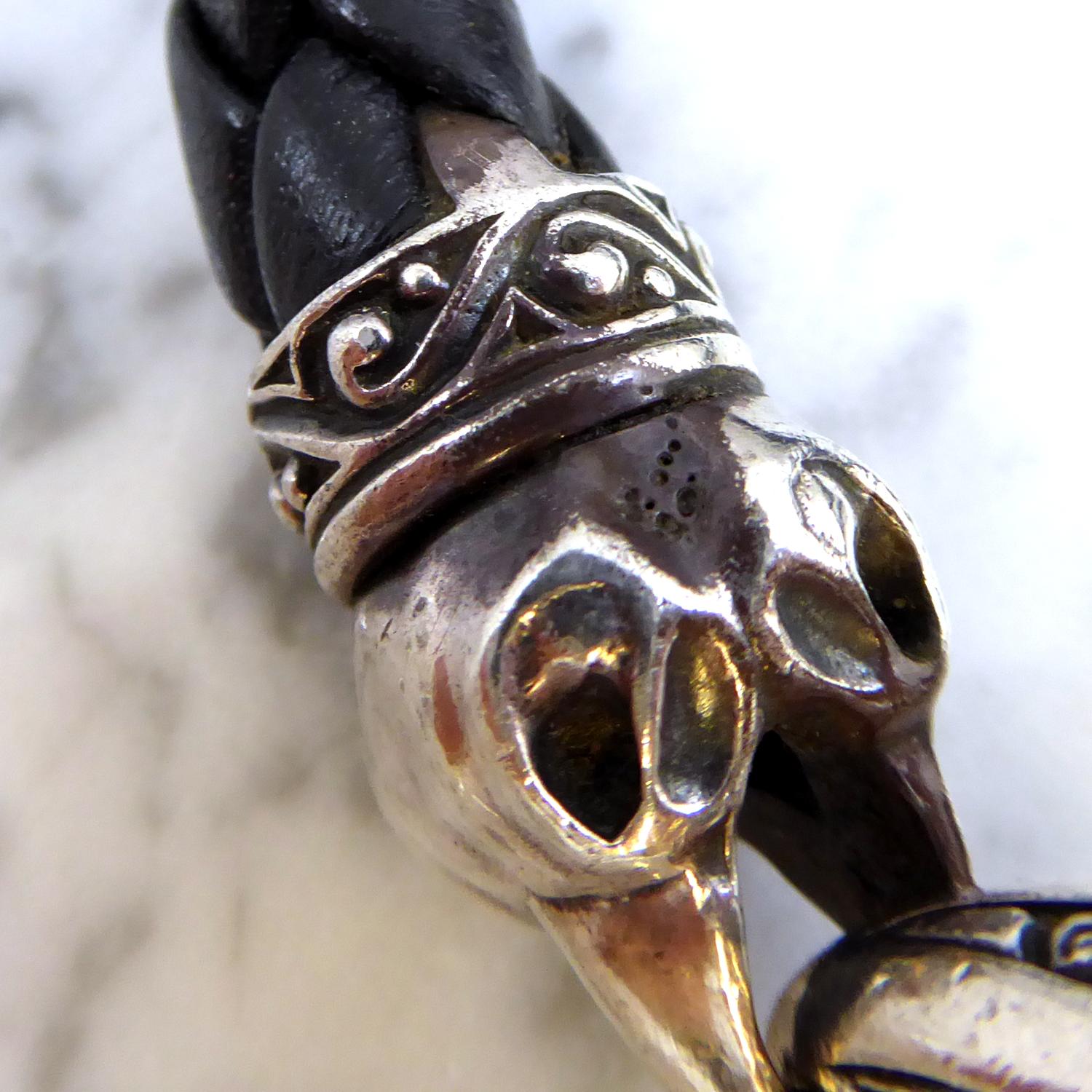 Contemporary Beasts of London Leather Bracelet with Oxidized Silver Raven Heads 3