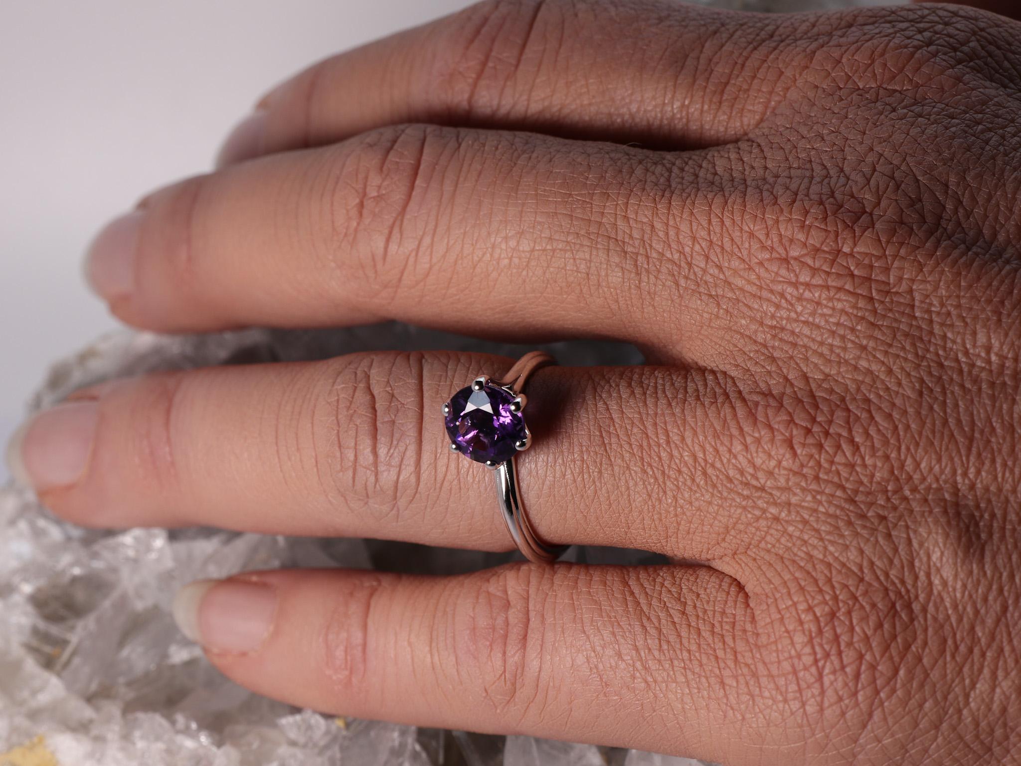 Round Cut 18k White Gold Made in Italy Amethyst Stackable Asymmetric Cosmic Cocktail Ring For Sale