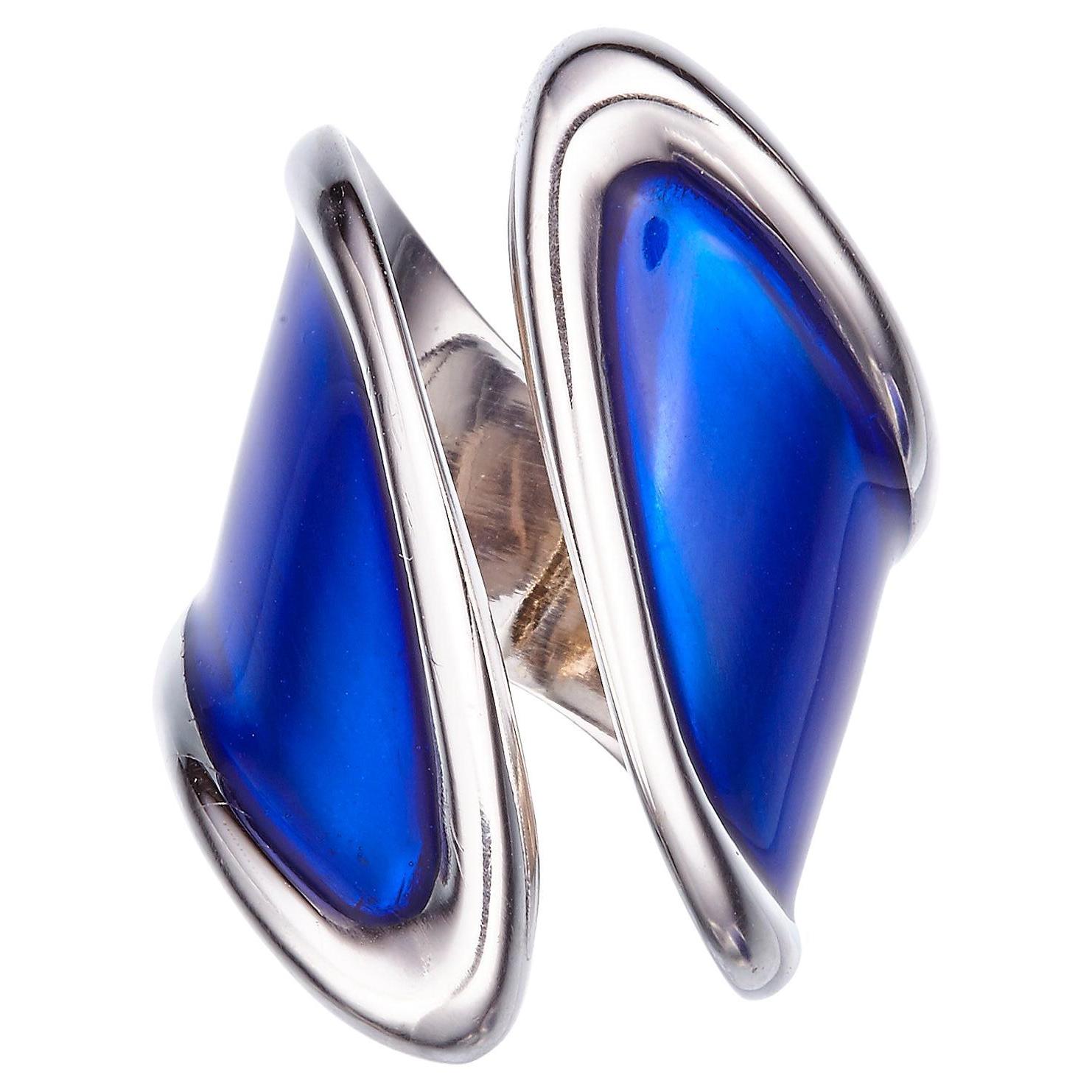 18K White Gold Cosmic Design Blue Enamel Gemini Beatrice Barzaghi Cocktail Ring  For Sale