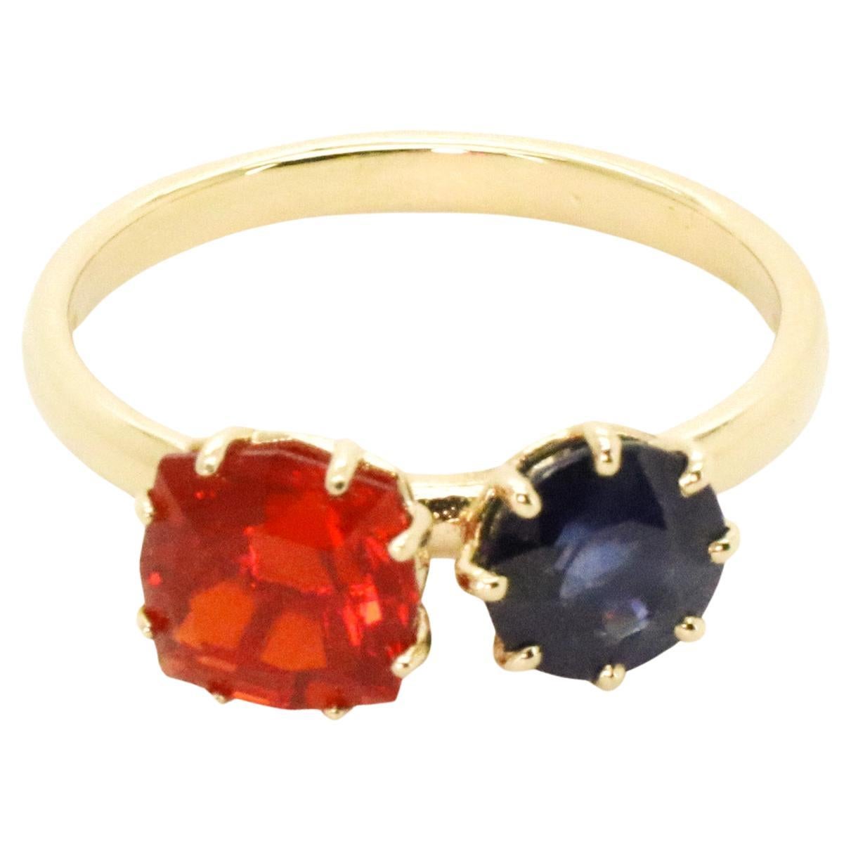 Contemporary Beatrice Barzaghi Blue Sapphire Fire Opal Gold Asymmetrical Ring For Sale