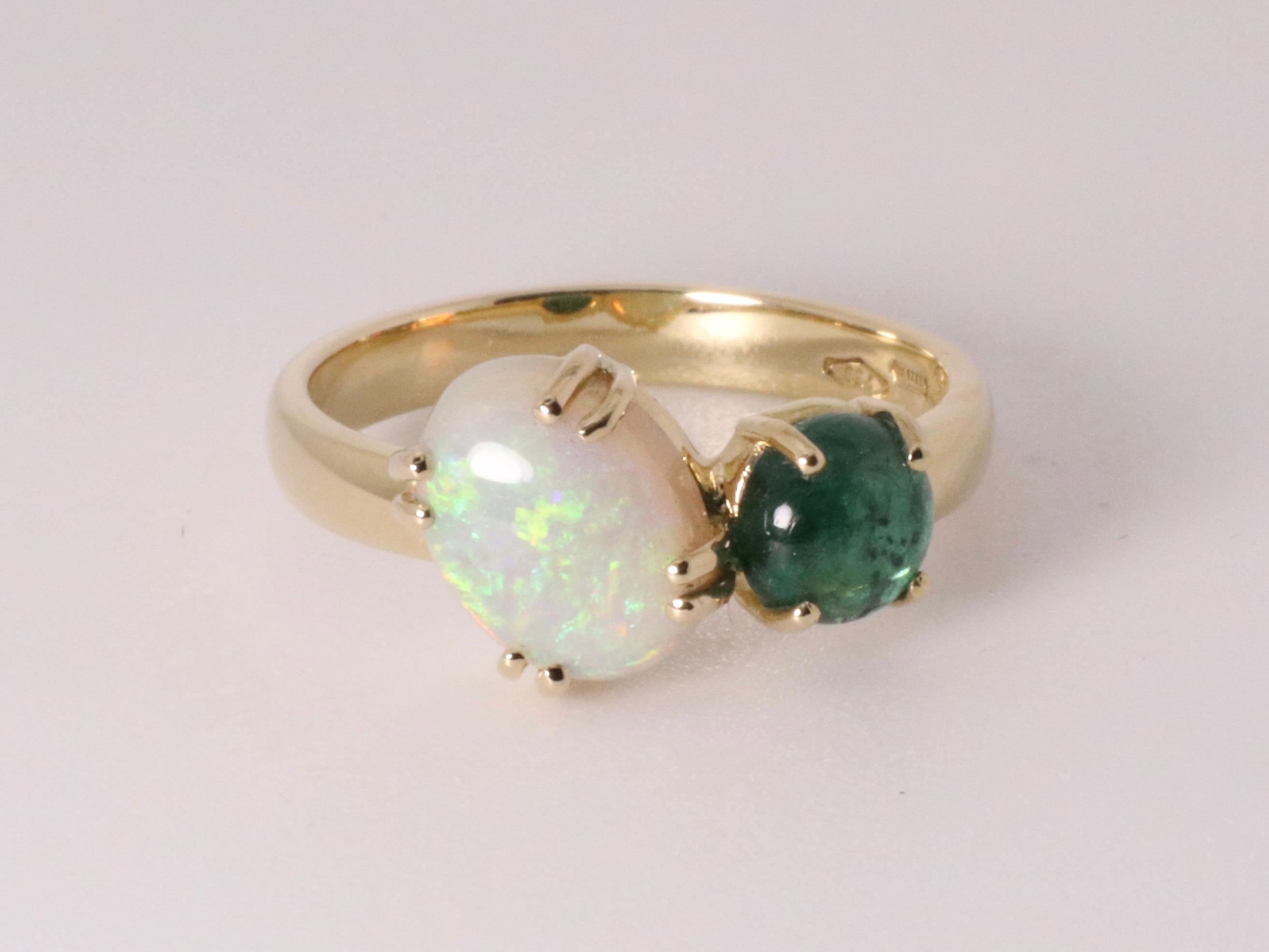 Contemporary Beatrice Barzaghi Emerald Australian Opal Gold Asymmetrical Ring For Sale 4