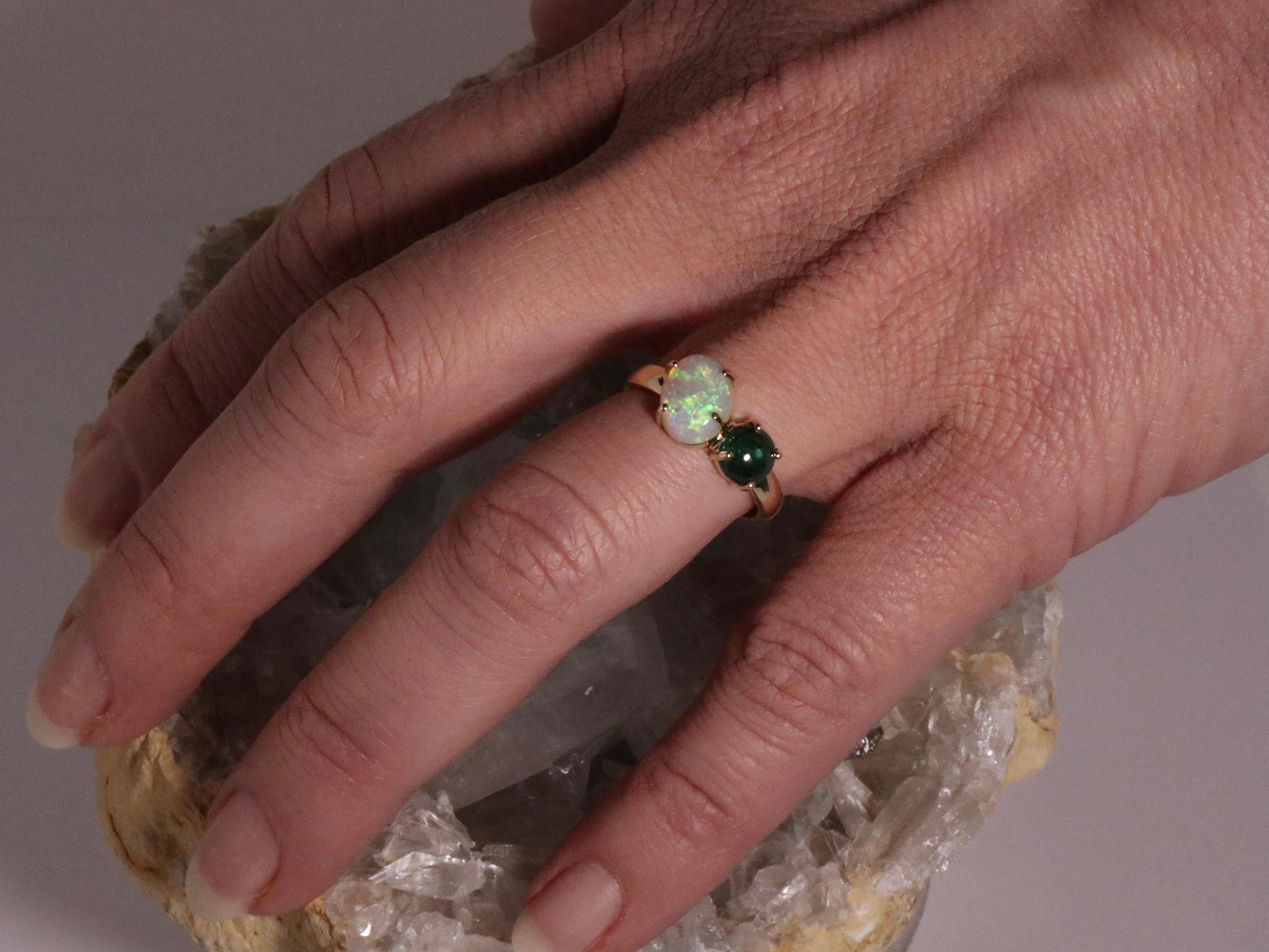 Modern Contemporary Beatrice Barzaghi Emerald Australian Opal Gold Asymmetrical Ring For Sale