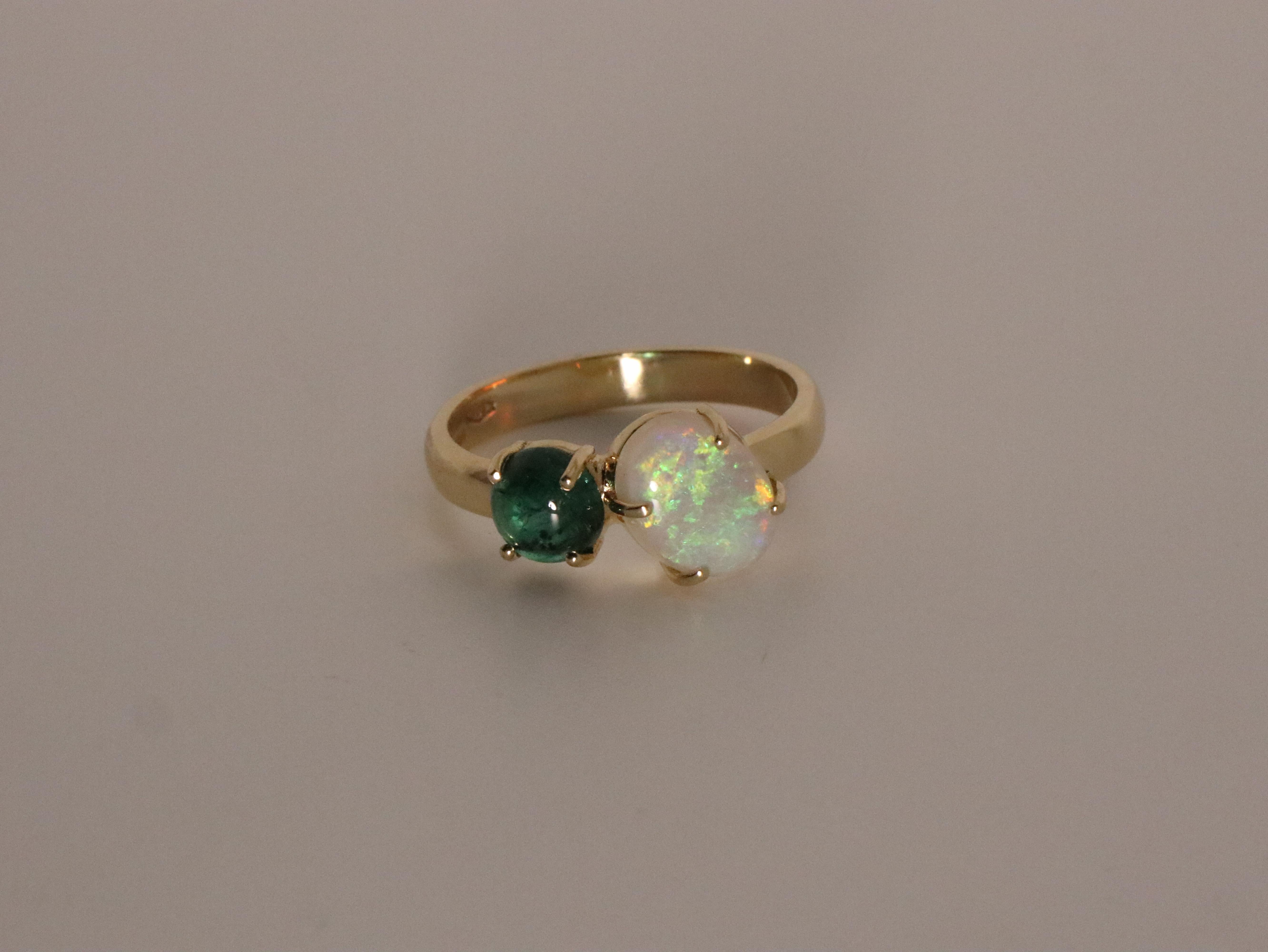 Cabochon Contemporary Beatrice Barzaghi Emerald Australian Opal Gold Asymmetrical Ring For Sale