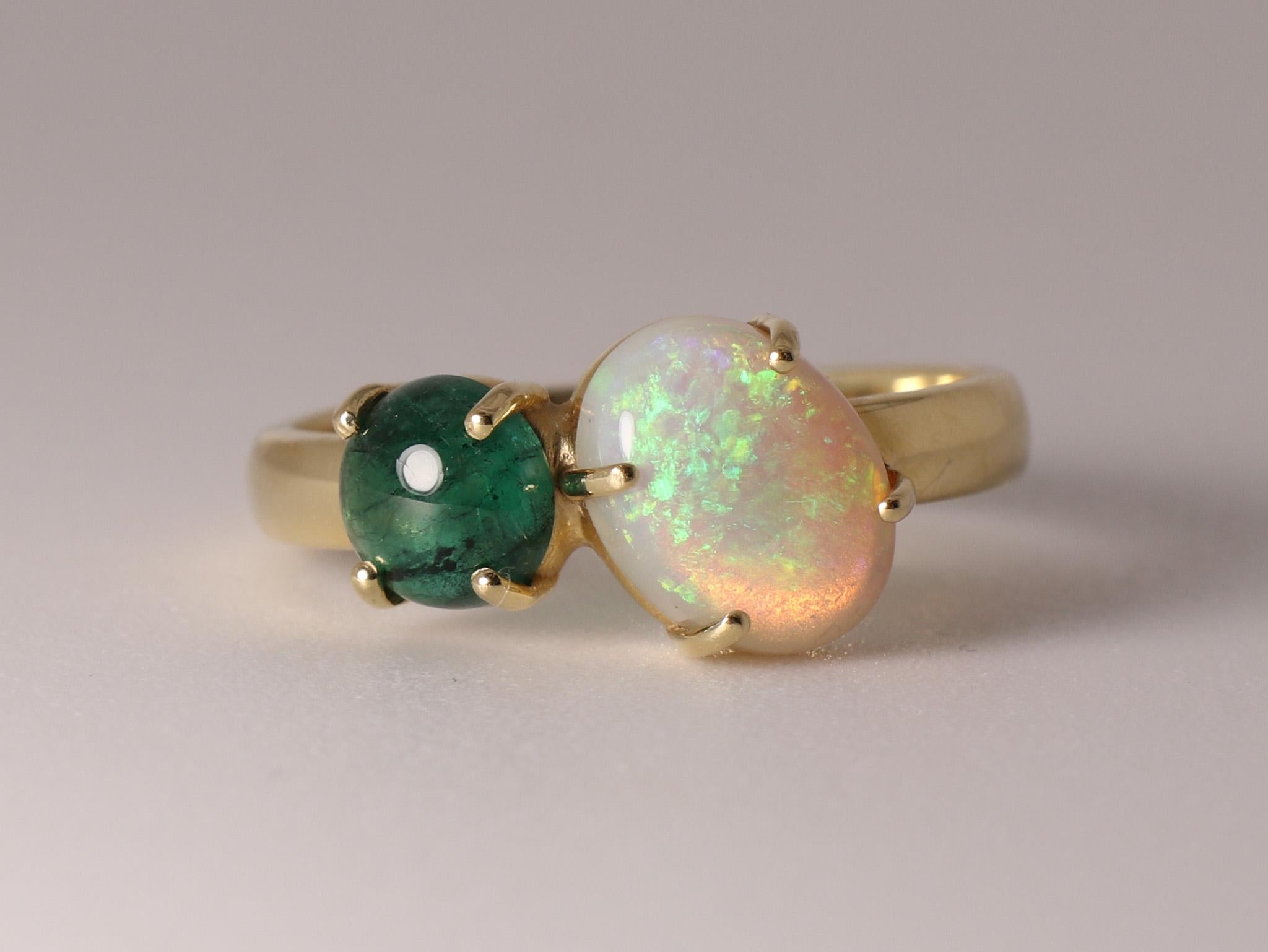 Cabochon Contemporary Beatrice Barzaghi Emerald Australian Opal Gold Asymmetrical Ring For Sale