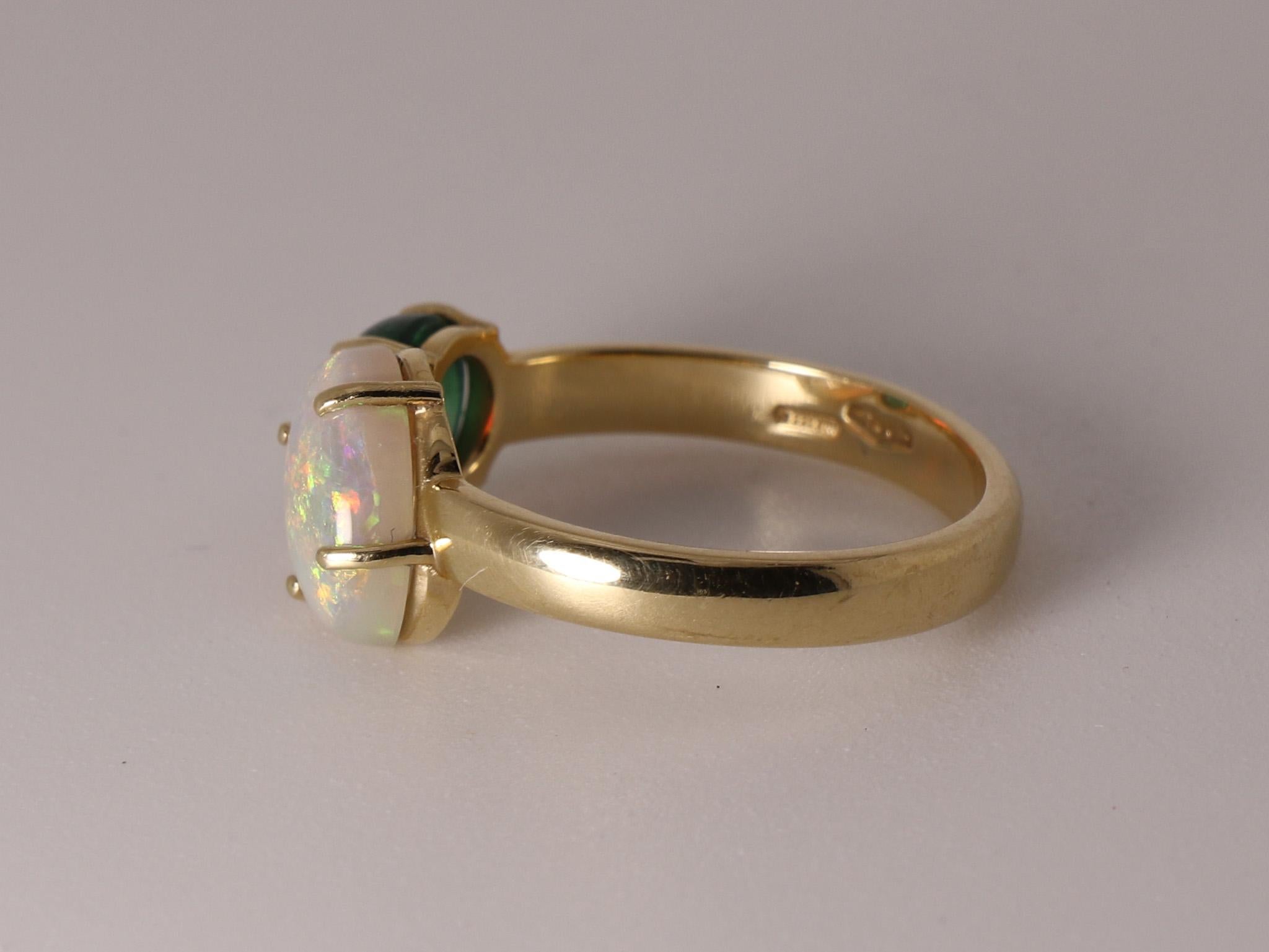 Women's or Men's Contemporary Beatrice Barzaghi Emerald Australian Opal Gold Asymmetrical Ring For Sale