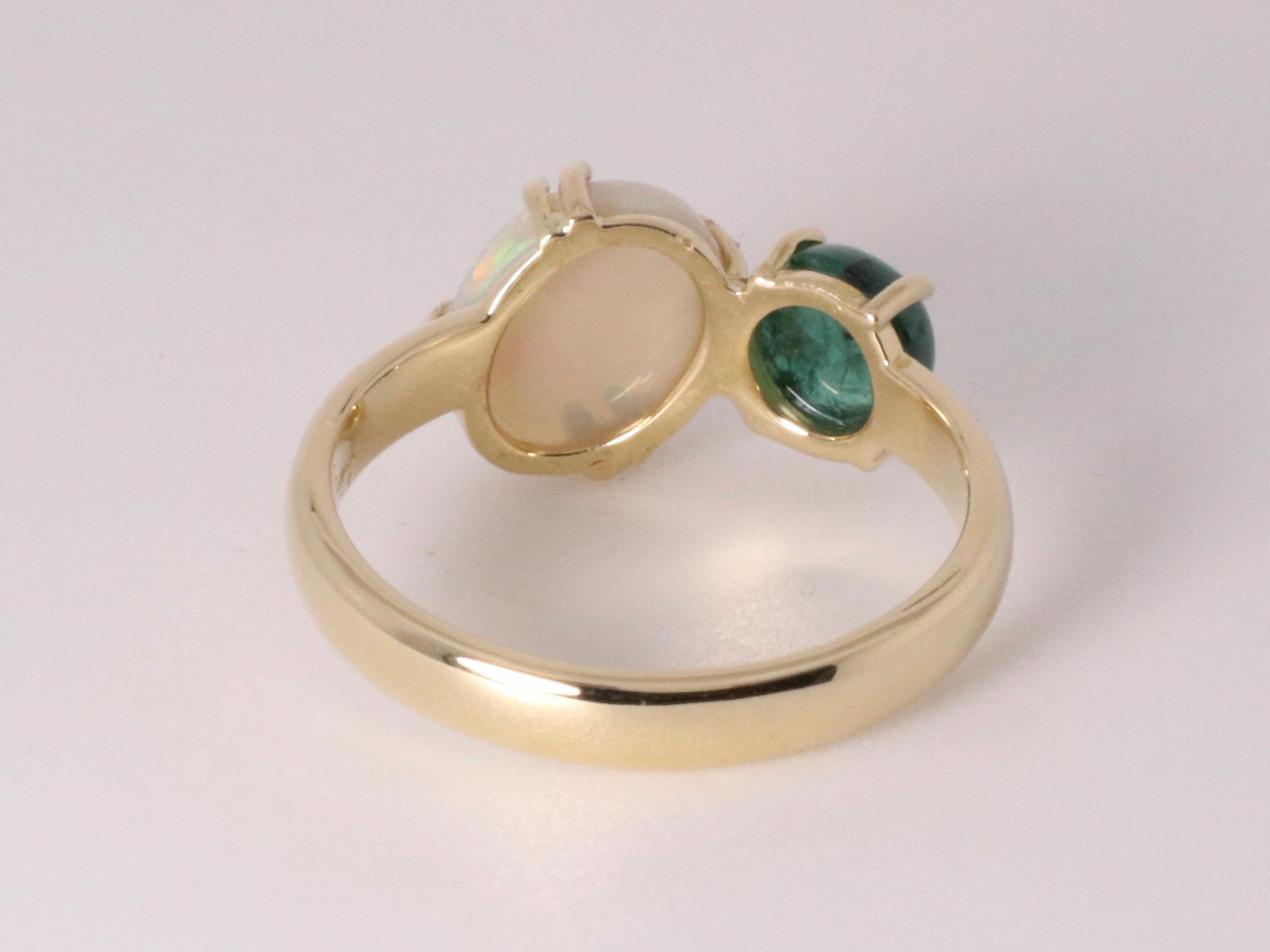 Contemporary Beatrice Barzaghi Emerald Australian Opal Gold Asymmetrical Ring For Sale 1