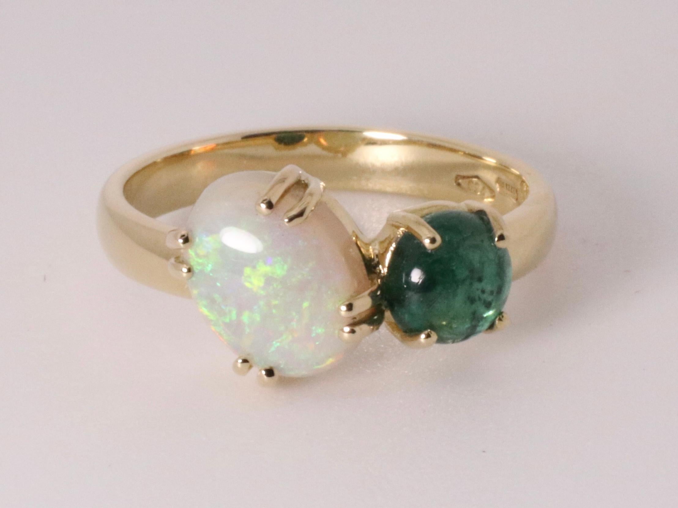 Contemporary Beatrice Barzaghi Emerald Australian Opal Gold Asymmetrical Ring For Sale 1