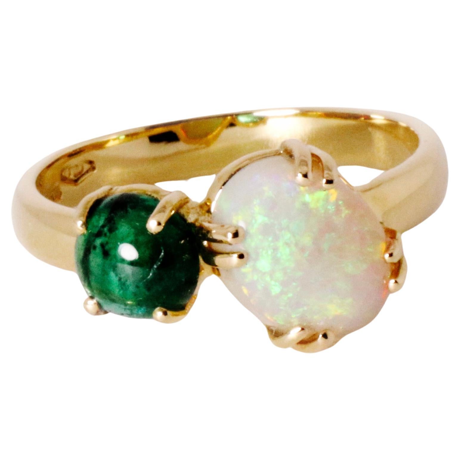 Contemporary Beatrice Barzaghi Emerald Australian Opal Gold Asymmetrical Ring For Sale