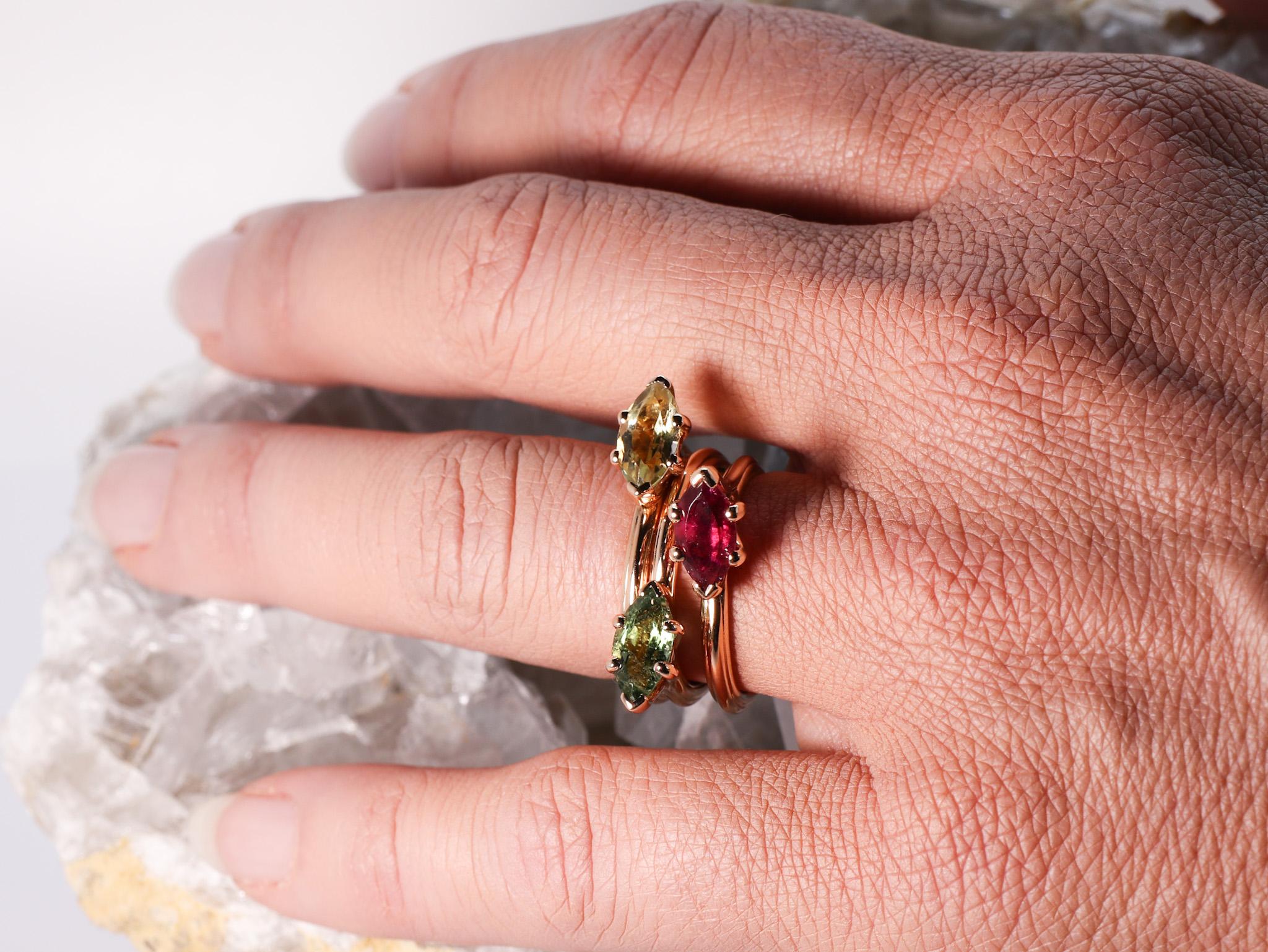 Women's or Men's Asymmetric Cosmic Design Stackable Green Tormaline 18K Rose Gold  Cocktail Ring For Sale