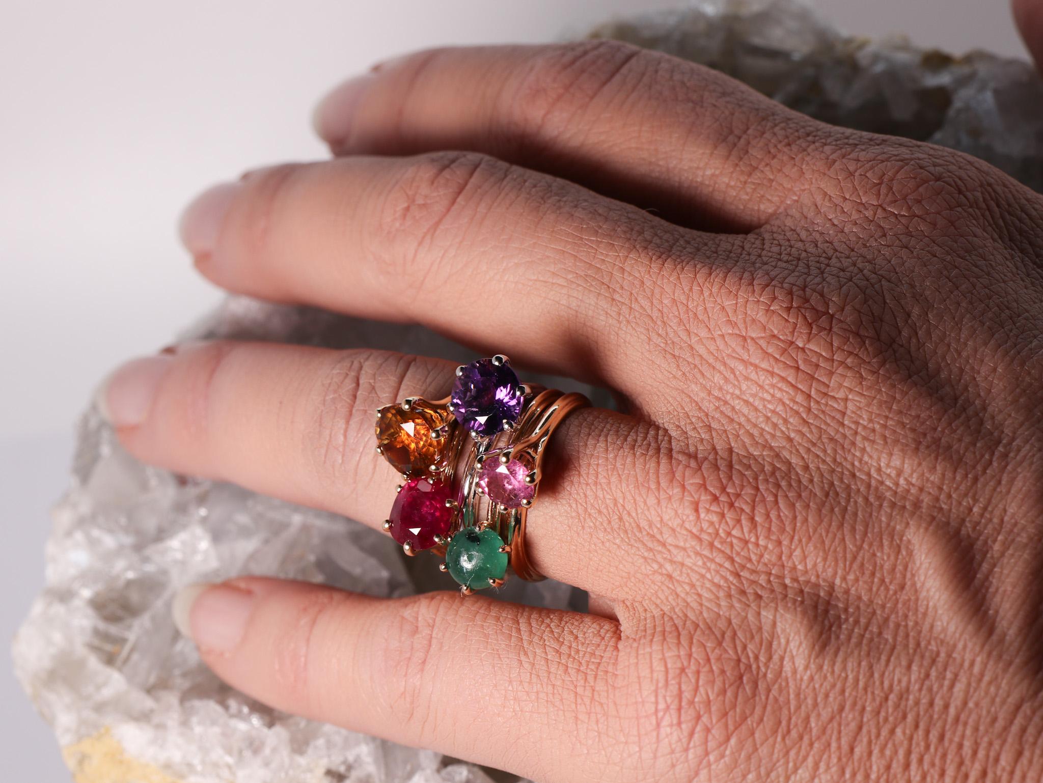Modern 18K Rose Gold Asymmetric Cosmic Design Stackable Pink Tourmaline Cocktail  Ring For Sale