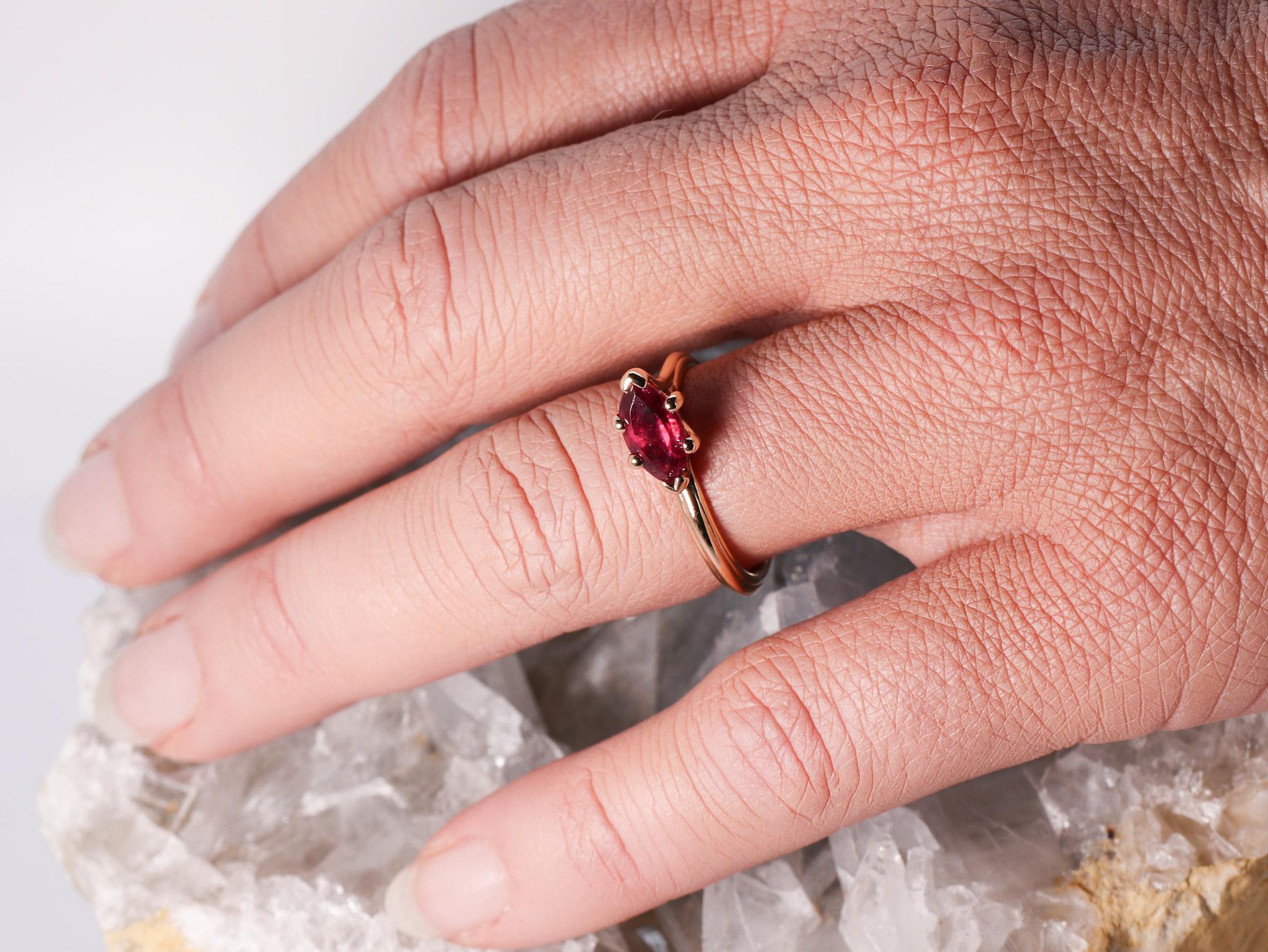 Modern 18k Rose Gold Asymmetric Cosmic Design Stackable Rubellite Cocktail Ring For Sale