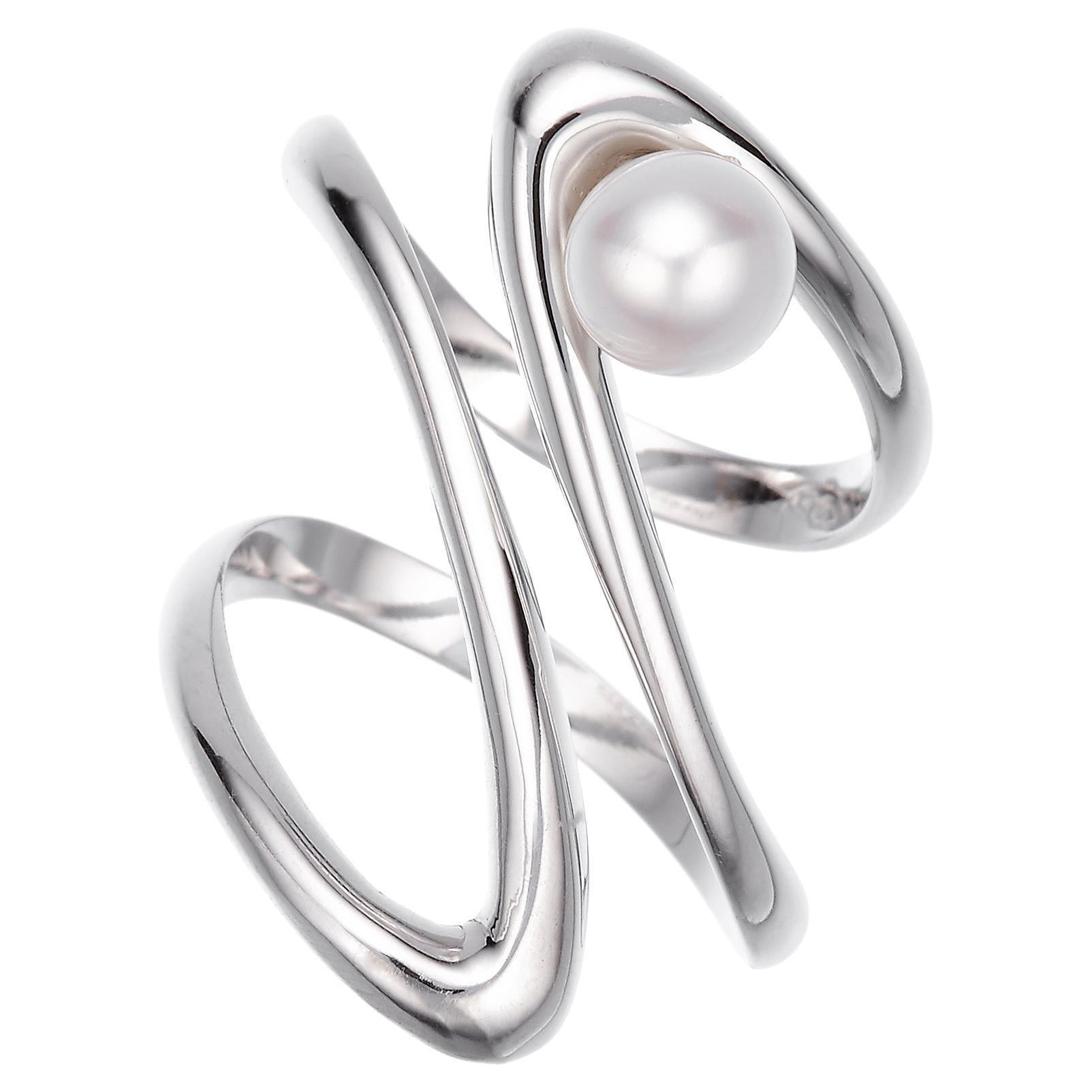 18K White Gold Cosmic Design White Pearl Gemini Beatrice Barzaghi Cocktail Ring For Sale