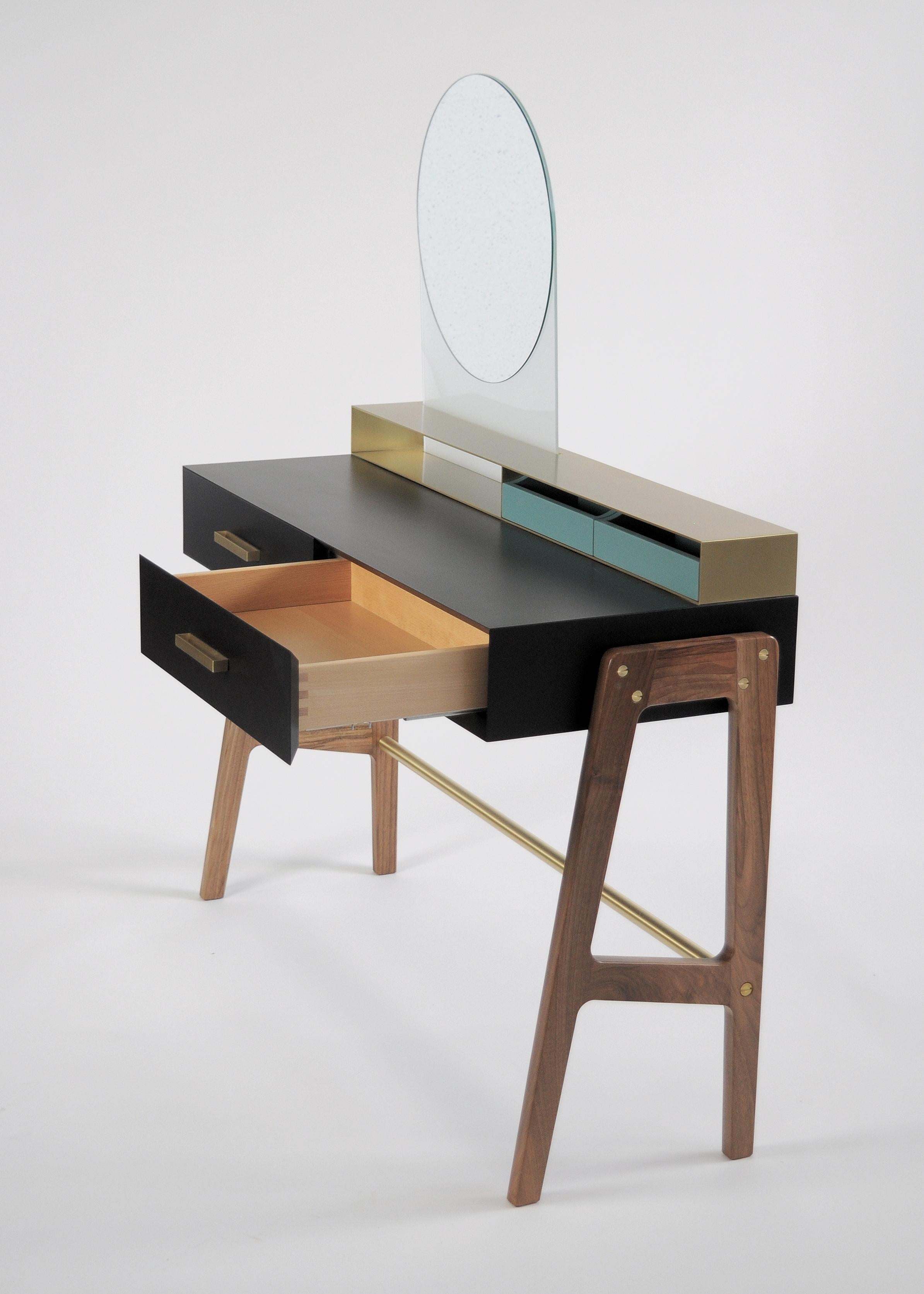Contemporary Beauty Desk, Makeup Table, Jewel Case, Mirror. Lacquered Oak, Brass For Sale 4