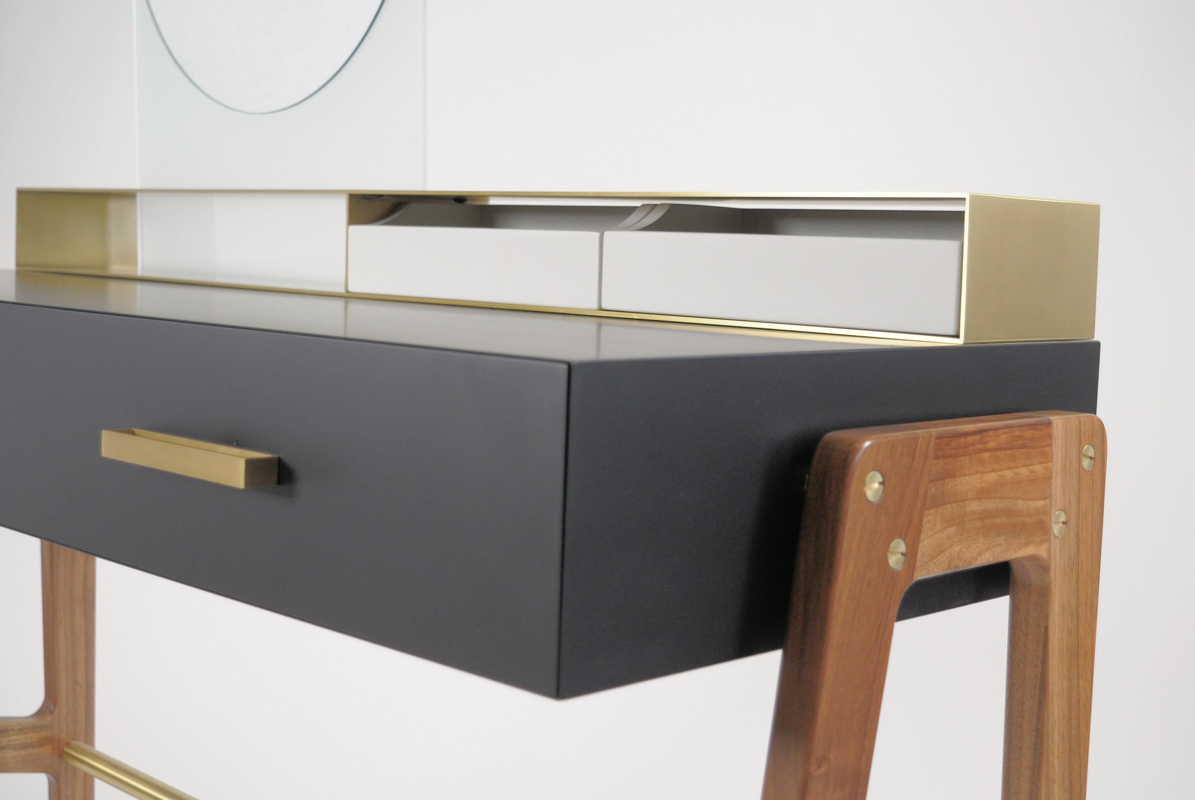 Contemporary Beauty Desk, Makeup Table, Jewel Case, Mirror. Lacquered Oak, Brass For Sale 6