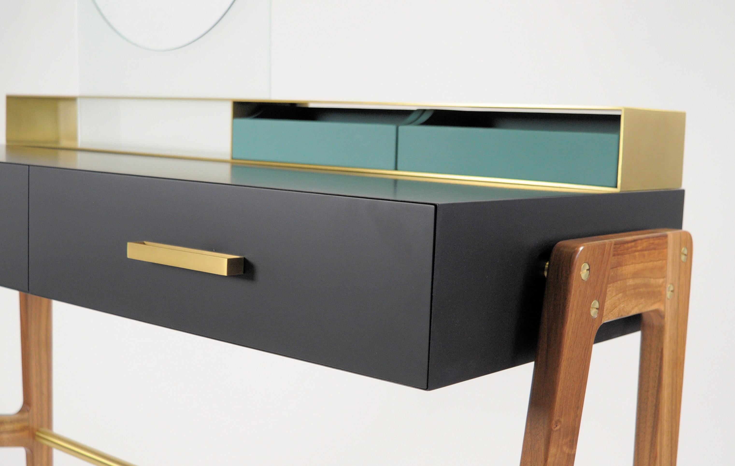 Contemporary Beauty Desk, Makeup Table, Jewel Case, Mirror. Lacquered Oak, Brass For Sale 7
