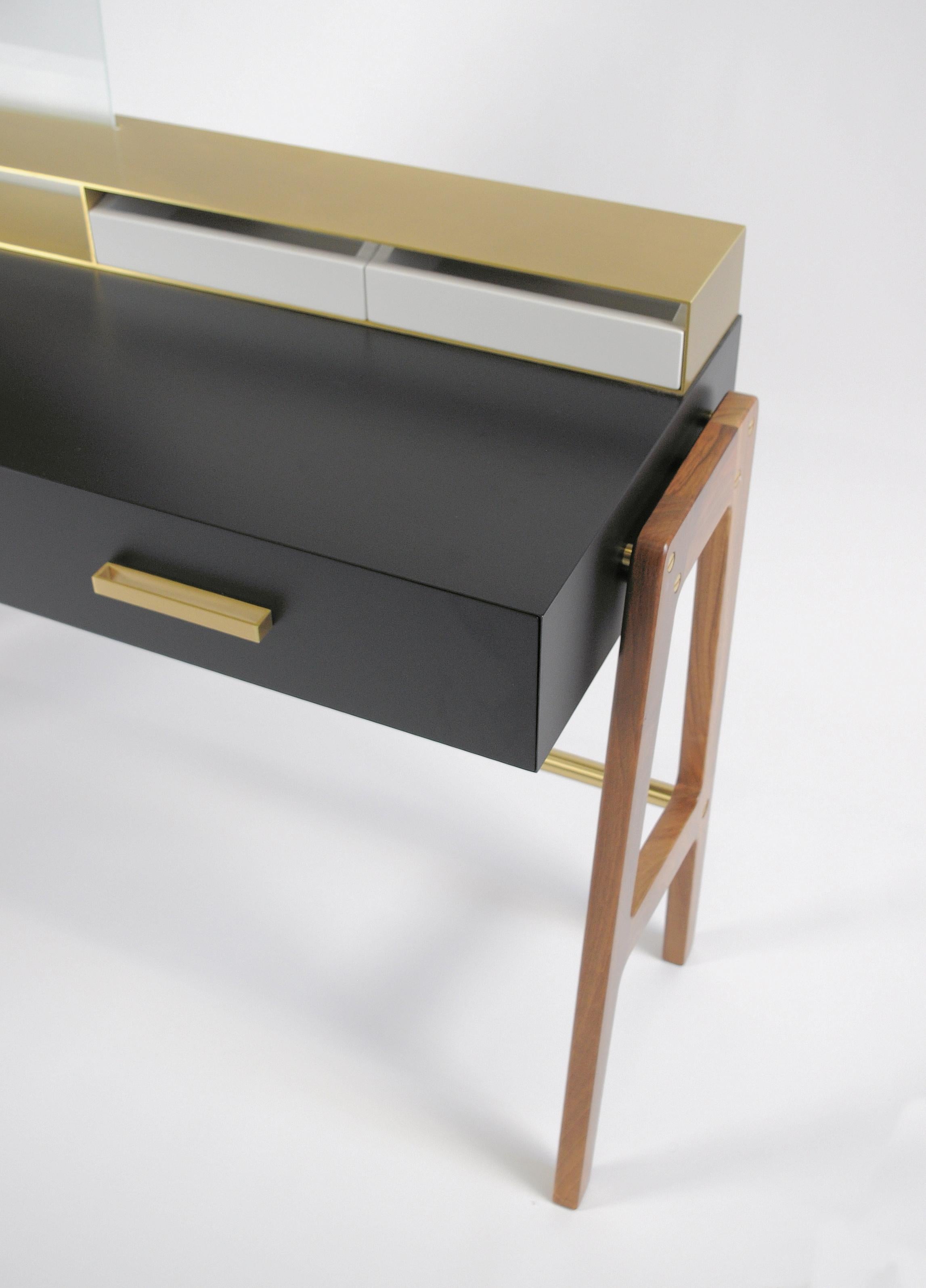 Modern Contemporary Beauty Desk, Makeup Table, Jewel Case, Mirror. Lacquered Oak, Brass For Sale