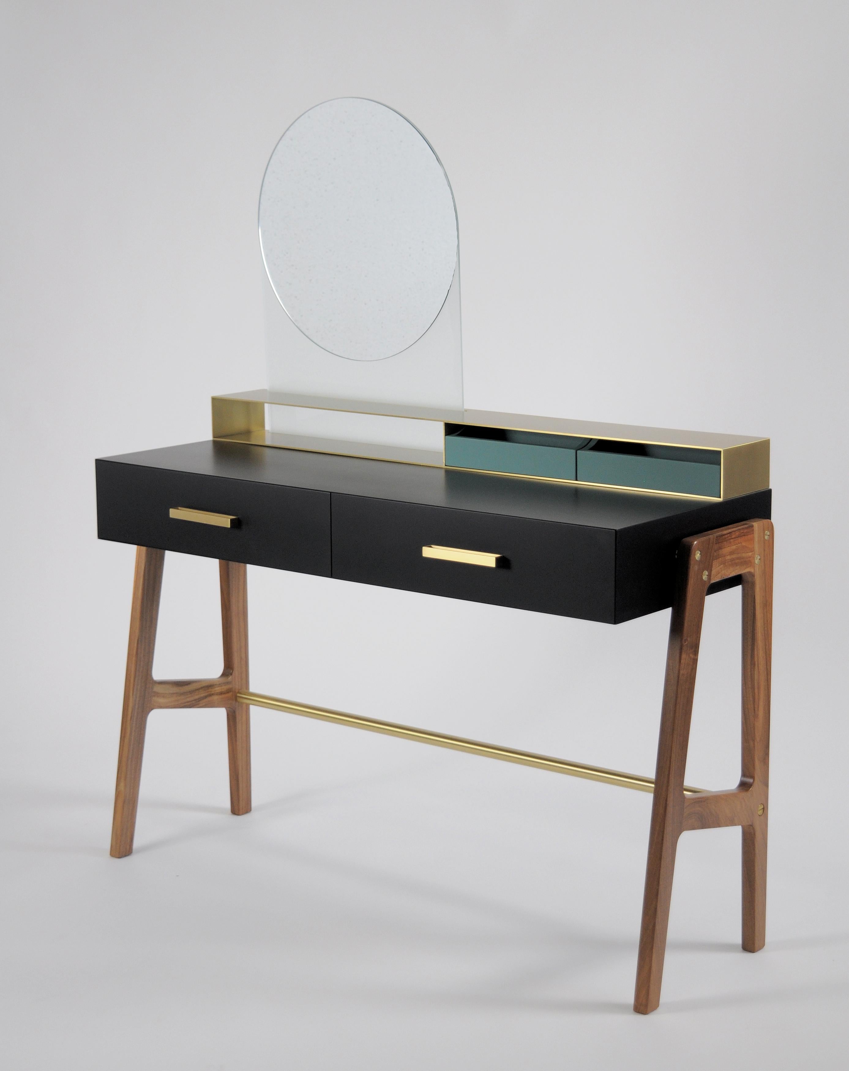 Contemporary Beauty Desk, Makeup Table, Jewel Case, Mirror. Lacquered Oak, Brass For Sale 1