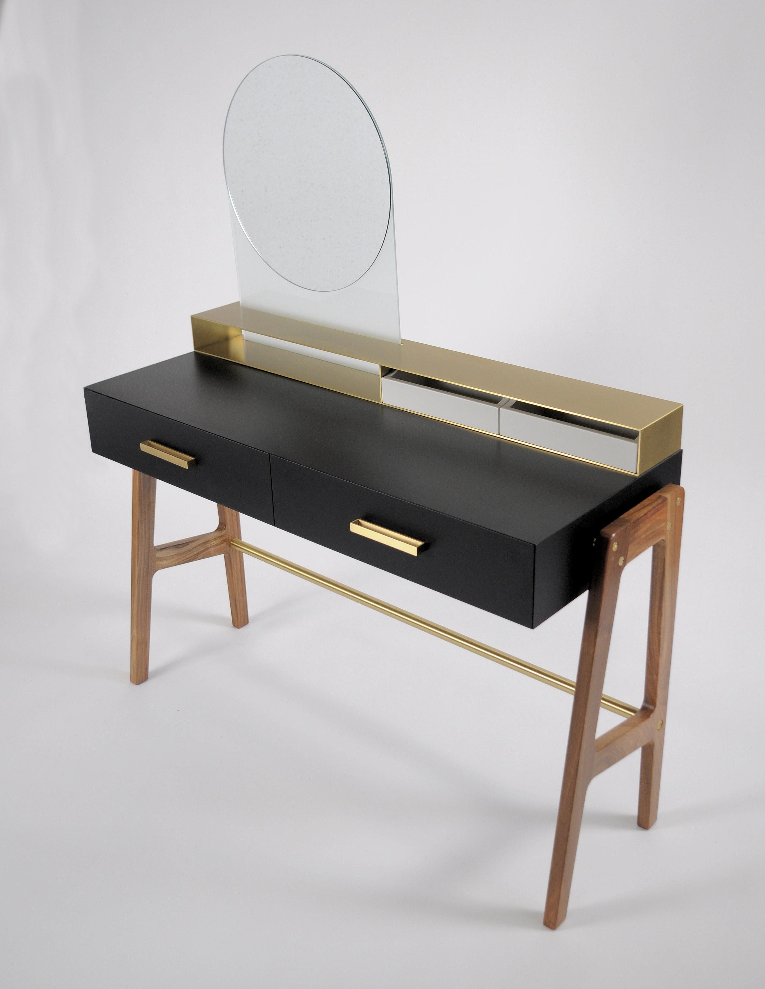 Contemporary Beauty Desk, Makeup Table, Jewel Case, Mirror. Lacquered Oak, Brass For Sale 2