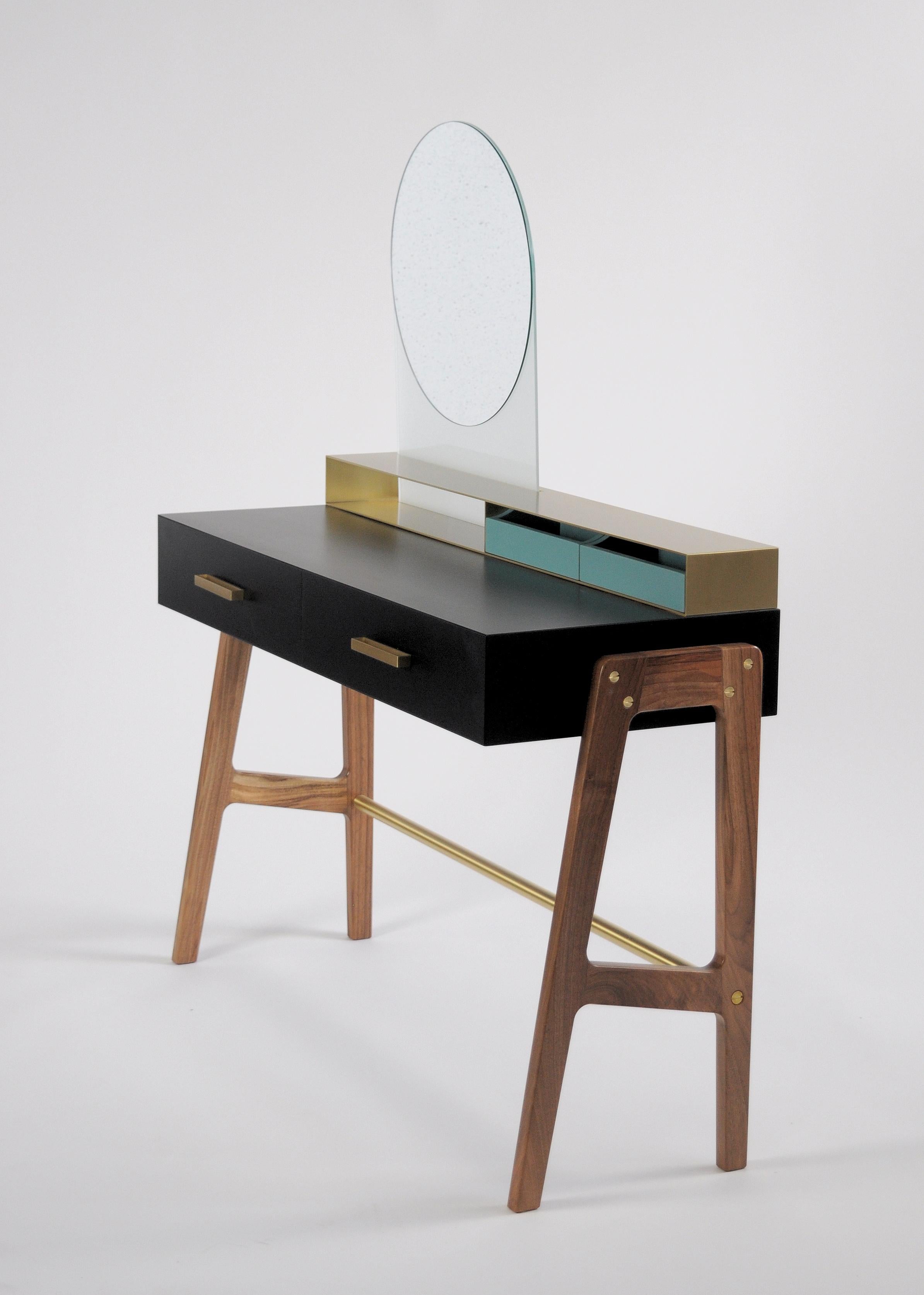 Contemporary Beauty Desk, Makeup Table, Jewel Case, Mirror. Lacquered Oak, Brass For Sale 3
