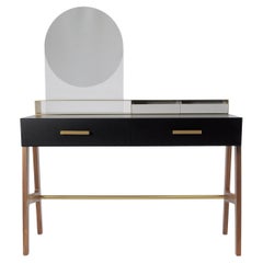 Contemporary Beauty Desk, Makeup Table, Jewel Case, Mirror. Lacquered Oak, Brass