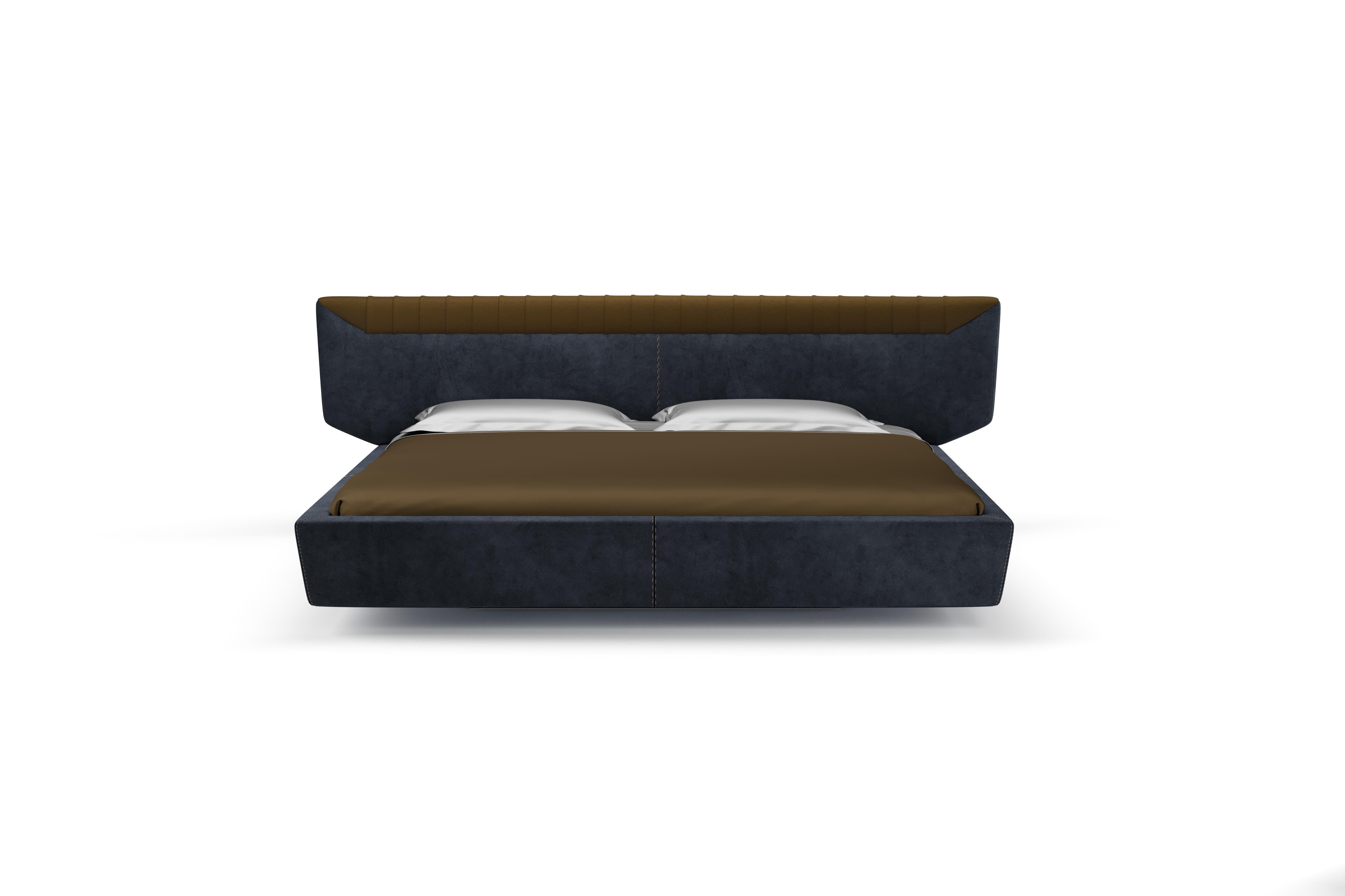 LIBRA bed got a foam-padded headboard covered in velvet with leather plisse` or plain. 
The sommier is covered in velvet and the basement has titanium nickel finishings.

Libra is part of the 