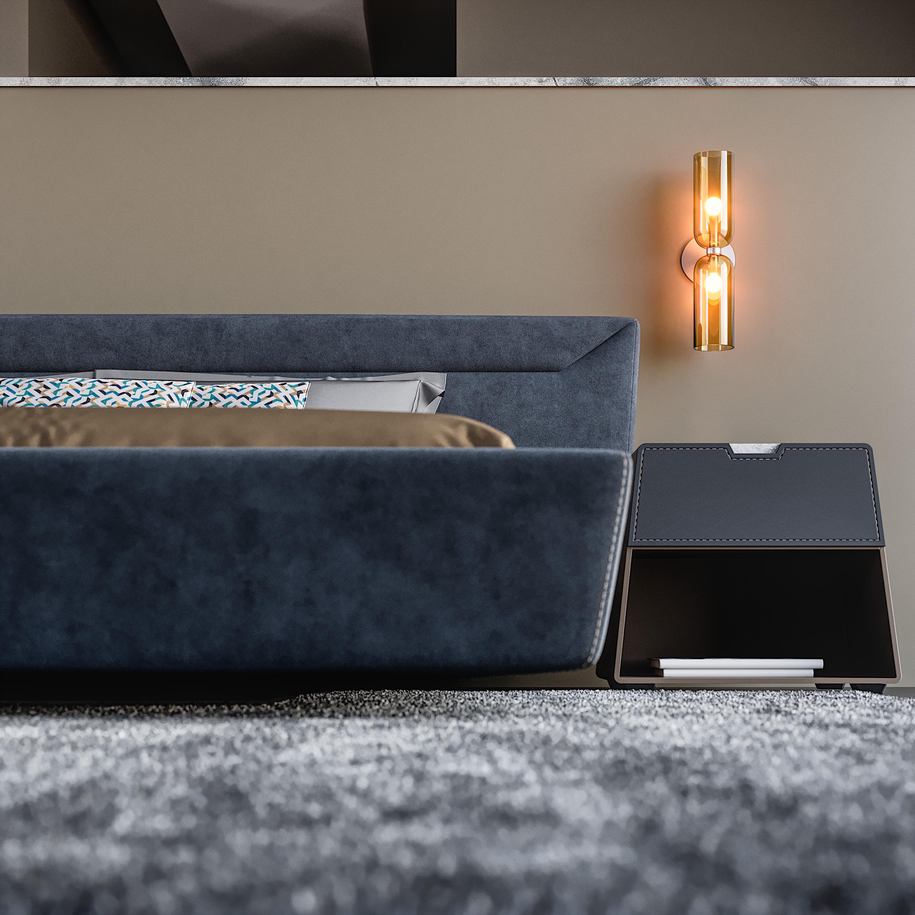 Lit contemporain rembourré en cuir Nabuk et détails en cuir naturel Neuf - En vente à Modugno, IT