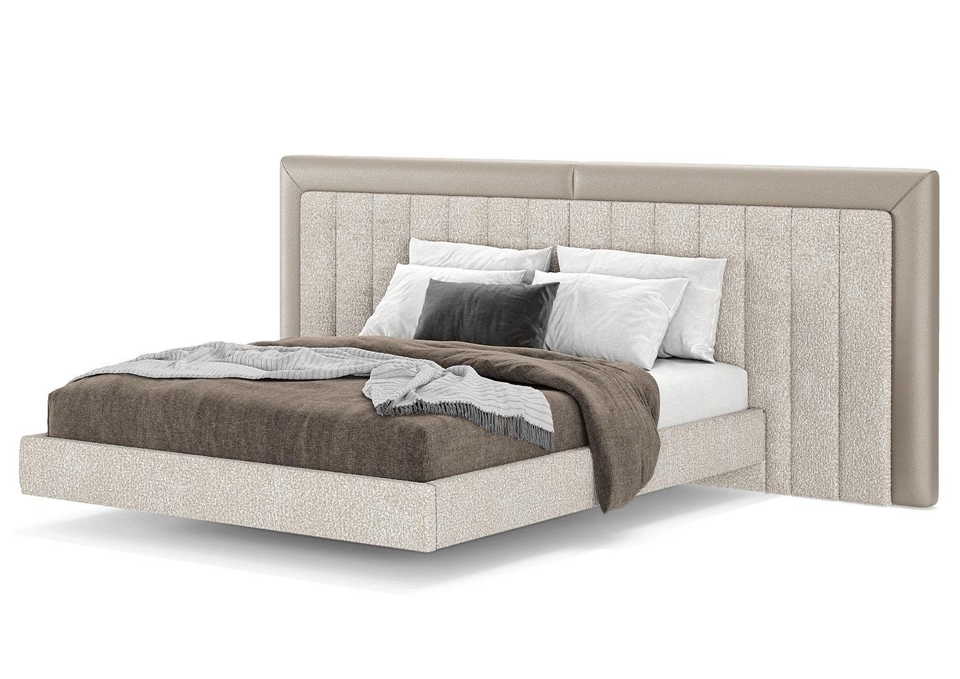 Contemporary luxury style with its striking geometric headboard, featuring three vertically paneled sections adorned with angular stitching for a bold yet harmonious aesthetic. Upholstered in a soft, velvety fabric, it is complemented by sleek