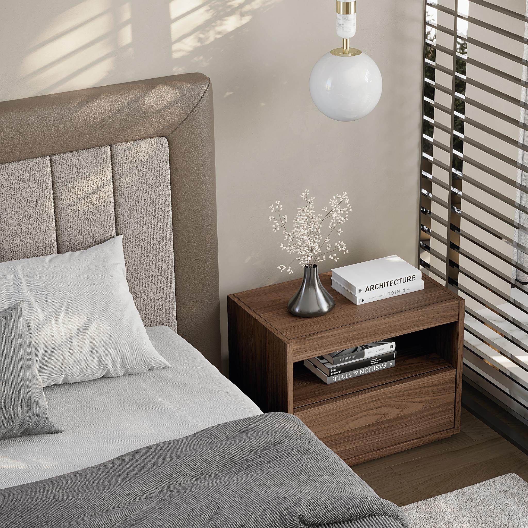 Hand-Crafted Contemporary Bed Ft. Dual Tone Headboard In Textured Boucle & Smooth Leather For Sale