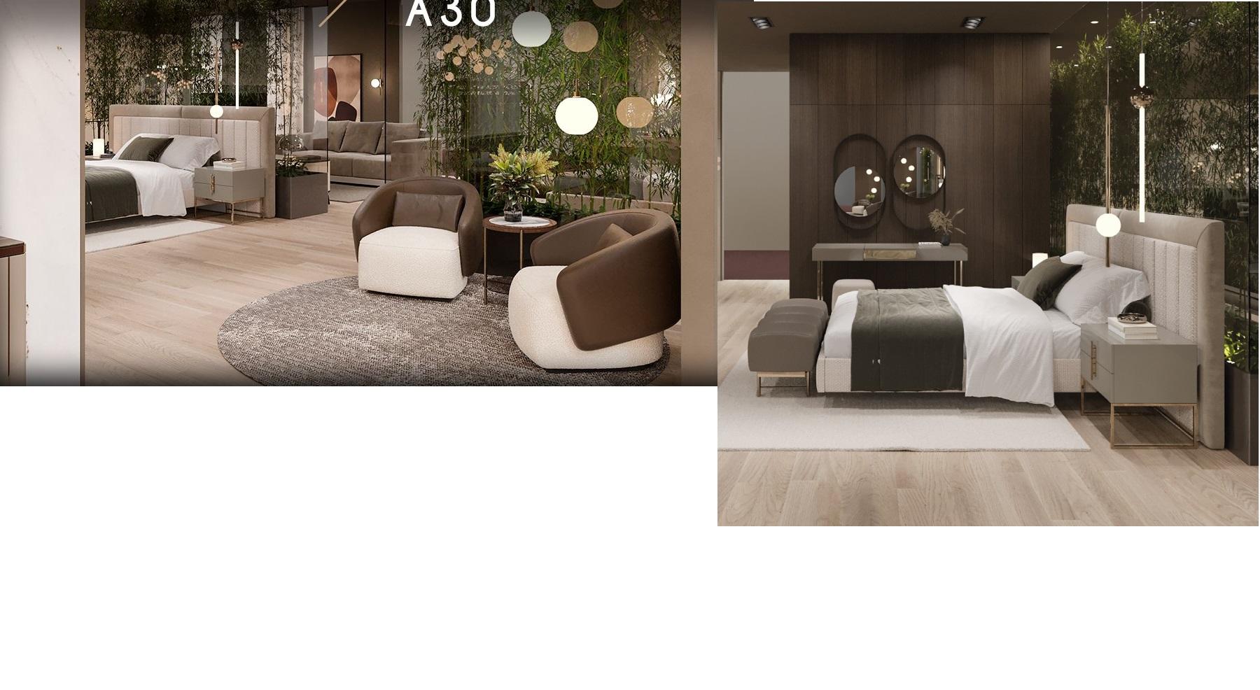 Contemporary Bed Ft. Dual Tone Headboard In Textured Boucle & Smooth Leather In New Condition For Sale In NEW YORK, NY