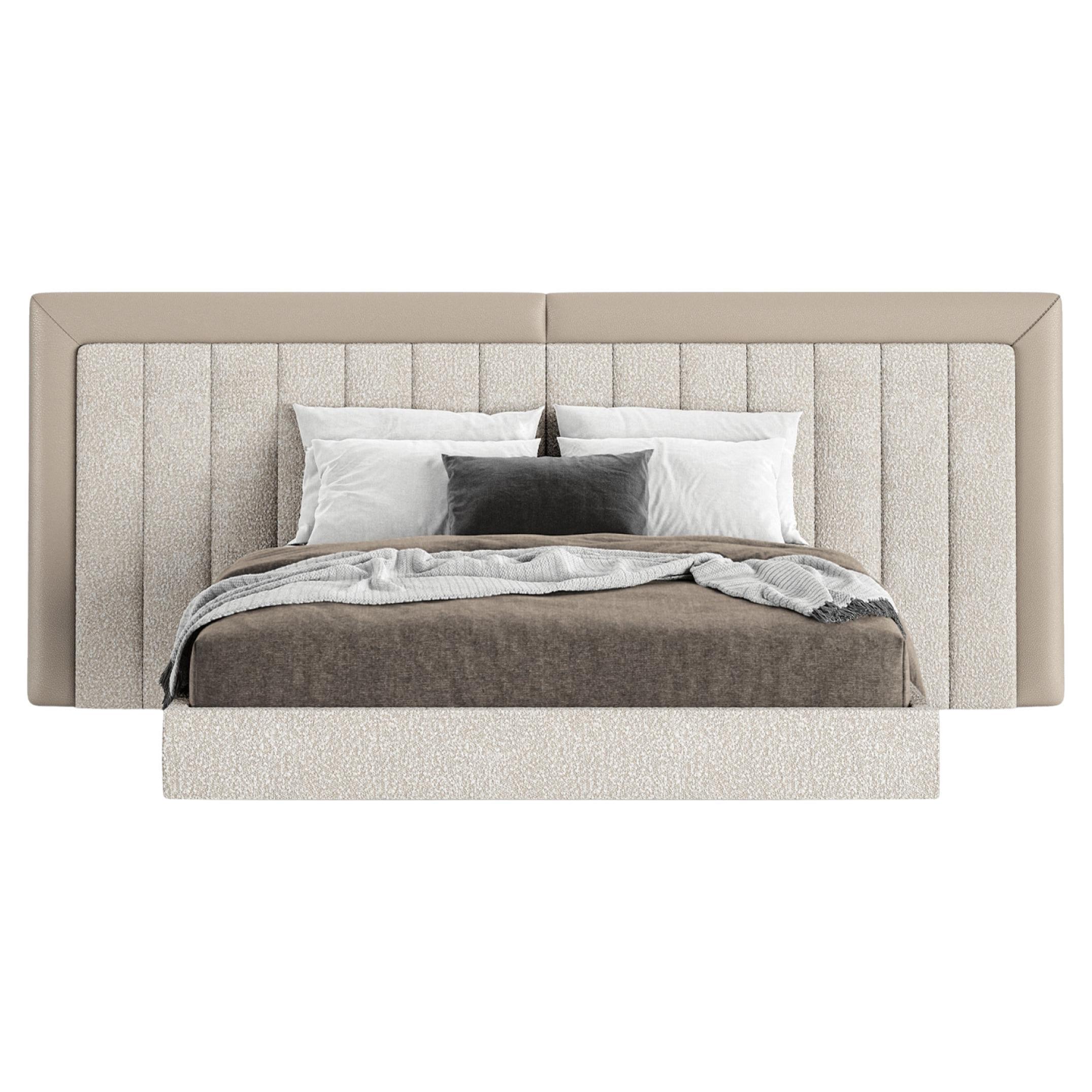 Contemporary Bed Ft. Dual Tone Headboard In Textured Boucle & Smooth Leather For Sale