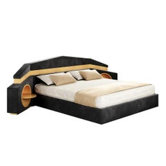 Mid-Century Modern Bed Upholstered Headboard Black Velvet, Wood & Polished Brass