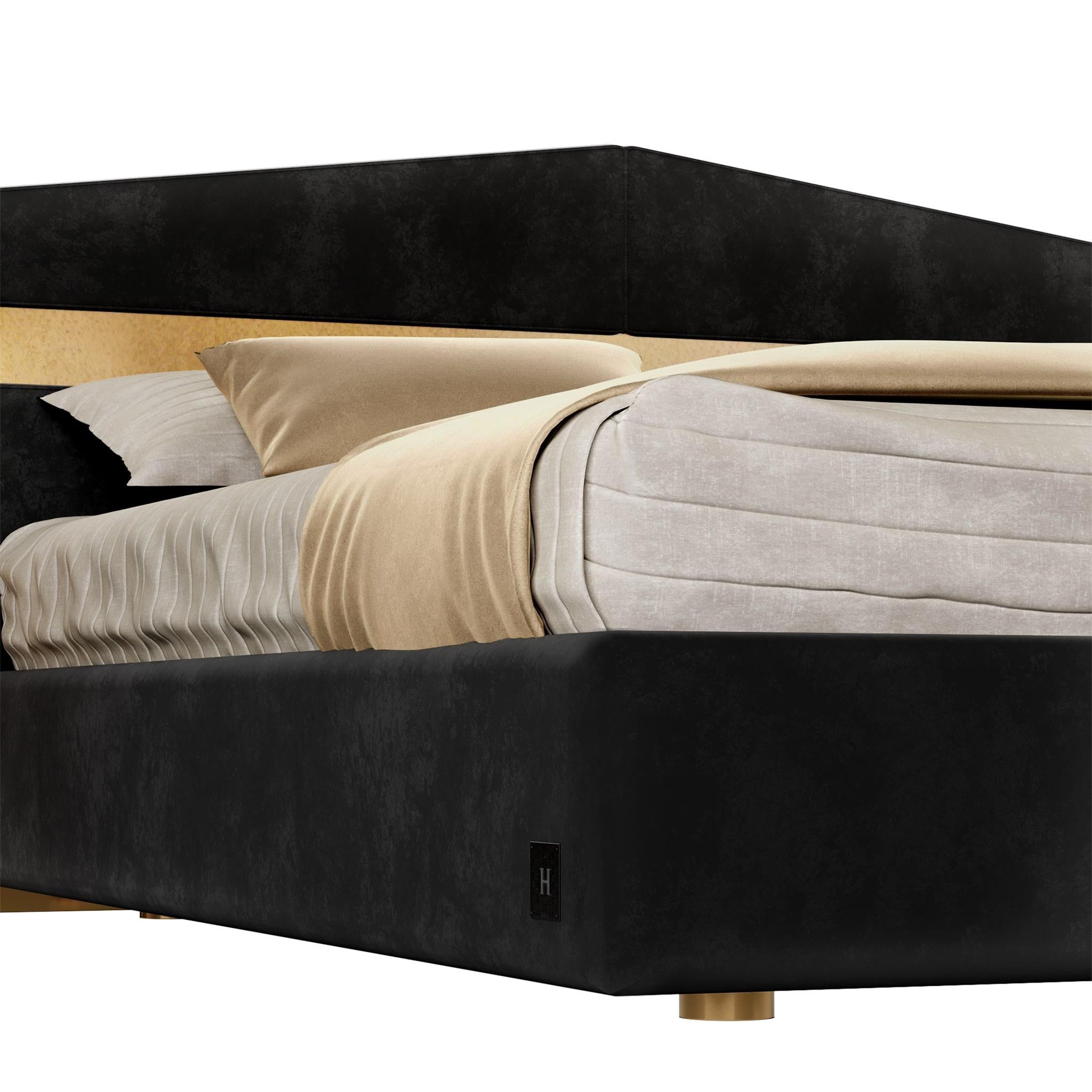 Portuguese Mid-Century Modern Bed Upholstered Headboard Black Velvet, Wood & Polished Brass For Sale