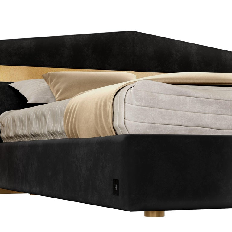Contemporary Mid-Century Modern Bed Upholstered Headboard Black Velvet, Wood & Polished Brass For Sale