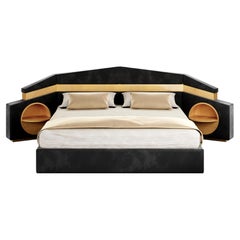 Mid-Century Modern Bed Upholstered Headboard Black Velvet, Wood & Polished Brass