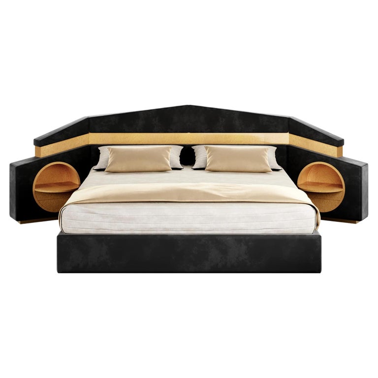 Mid-Century Modern Bed Upholstered Headboard Black Velvet, Wood & Polished Brass For Sale