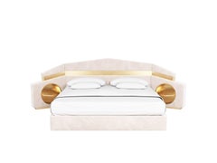 Contemporary Bed Upholstered Headboard Pink Velvet & Gold Polished Brass Details