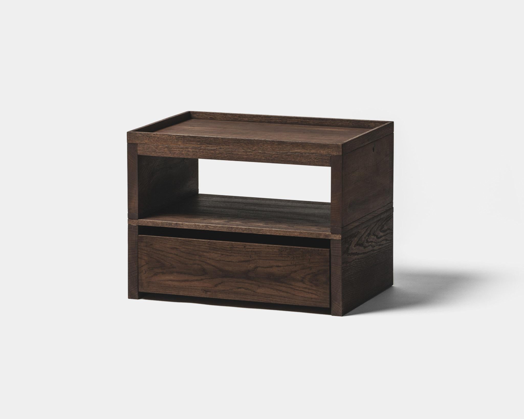'Eileen' Bedside Table designed by Studio Obstacles in collaboration with Spanish artist Yoyo Balagué.

Dimensions:
W. 60cm x L. 40cm x H. 44.5 cm
W. 23.62 x L. 15.75 x H. 17.52 in

Wood finishes:
Natural, Oil, Umber, Coffee, Black

Model shown on