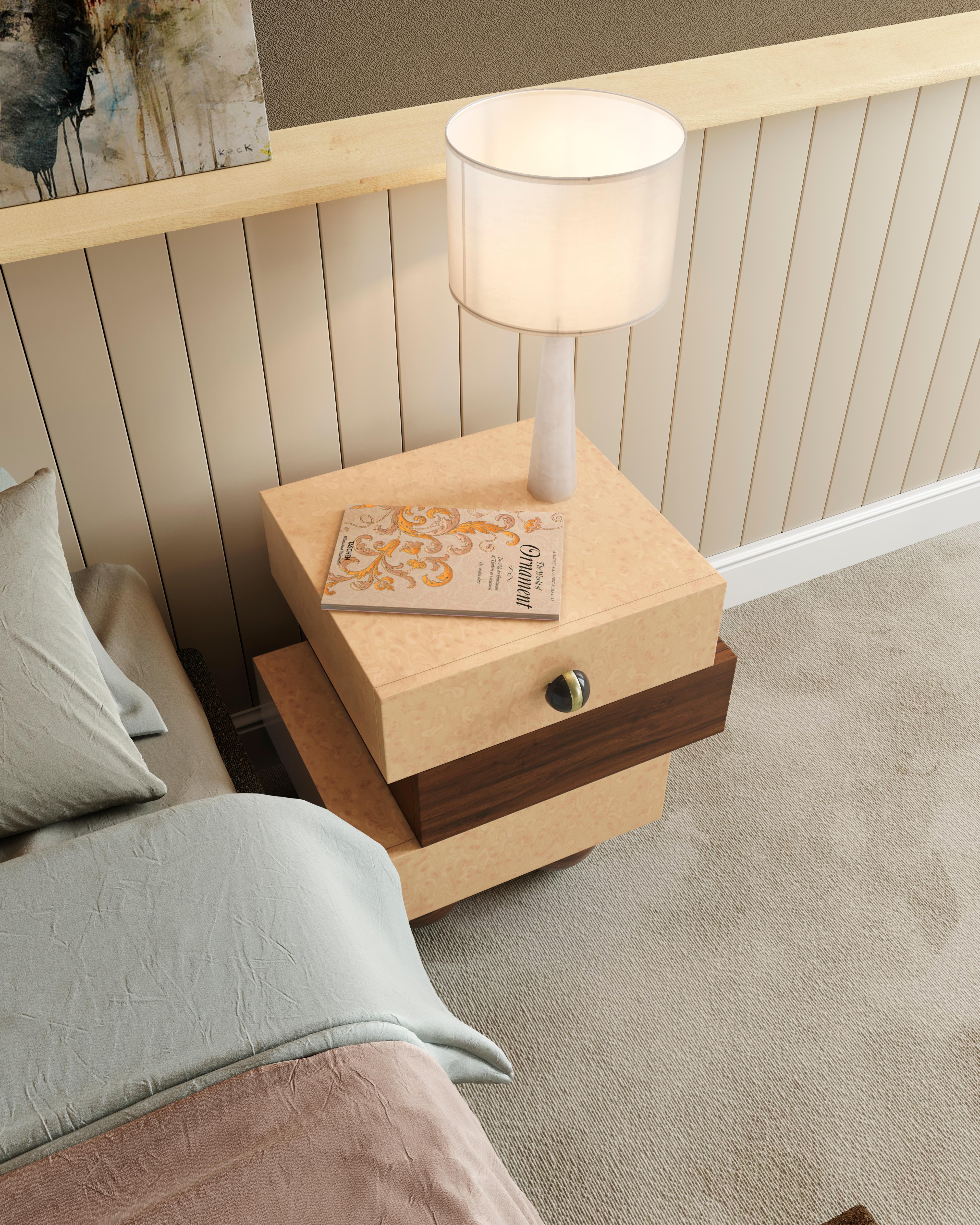 Contemporary Bedside Table Nightstand Walnut Bird Eye Wood Veneer Gloss Drawers In New Condition For Sale In Porto, PT