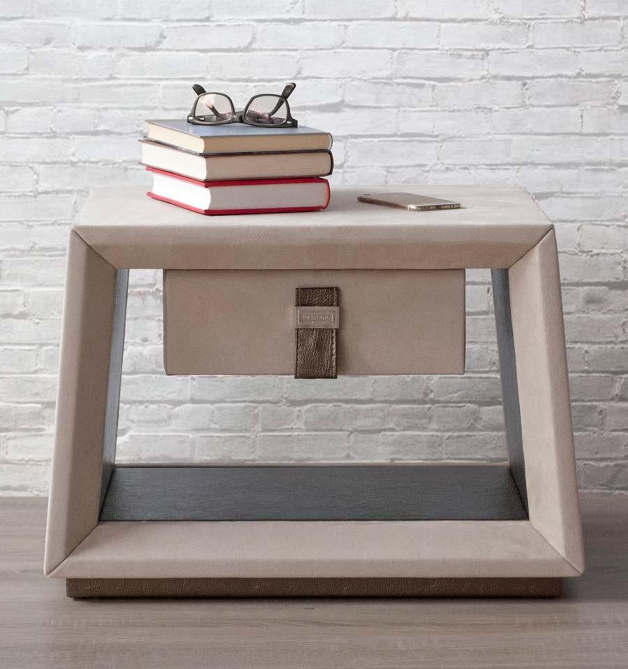 Contemporary Bedside Table Upholstered in Texas Beige Nubuck, Set of 2